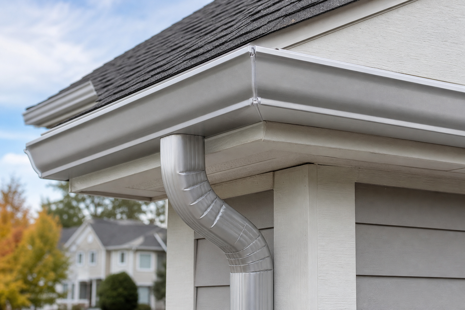 Common Seamless Gutters Mistakes to Avoid — close-up of a seamless aluminum gutter corner joint with proper sealant and a downspout elbow, mounted on a painted wood fascia board on a suburban Rochester home