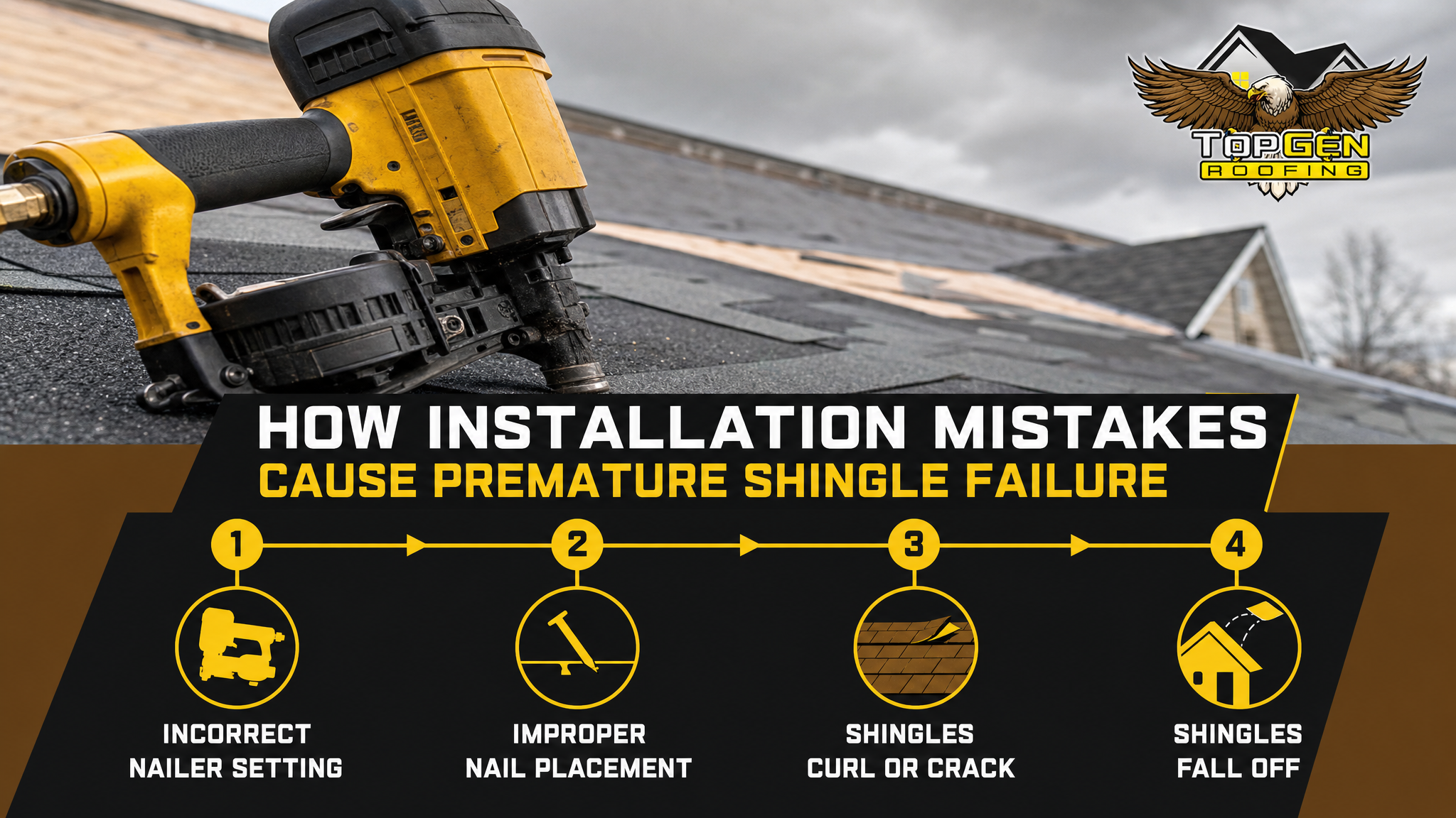 How Installation Mistakes Cause Premature Shingle Failure — Infographic: roofing crew examining nail gun pressure settings on a residential rooftop. Horizontal timeline with 3-5 milestones. Short section labels such as pneumatic nailer close-up, gray sky, asphalt shingles installation.