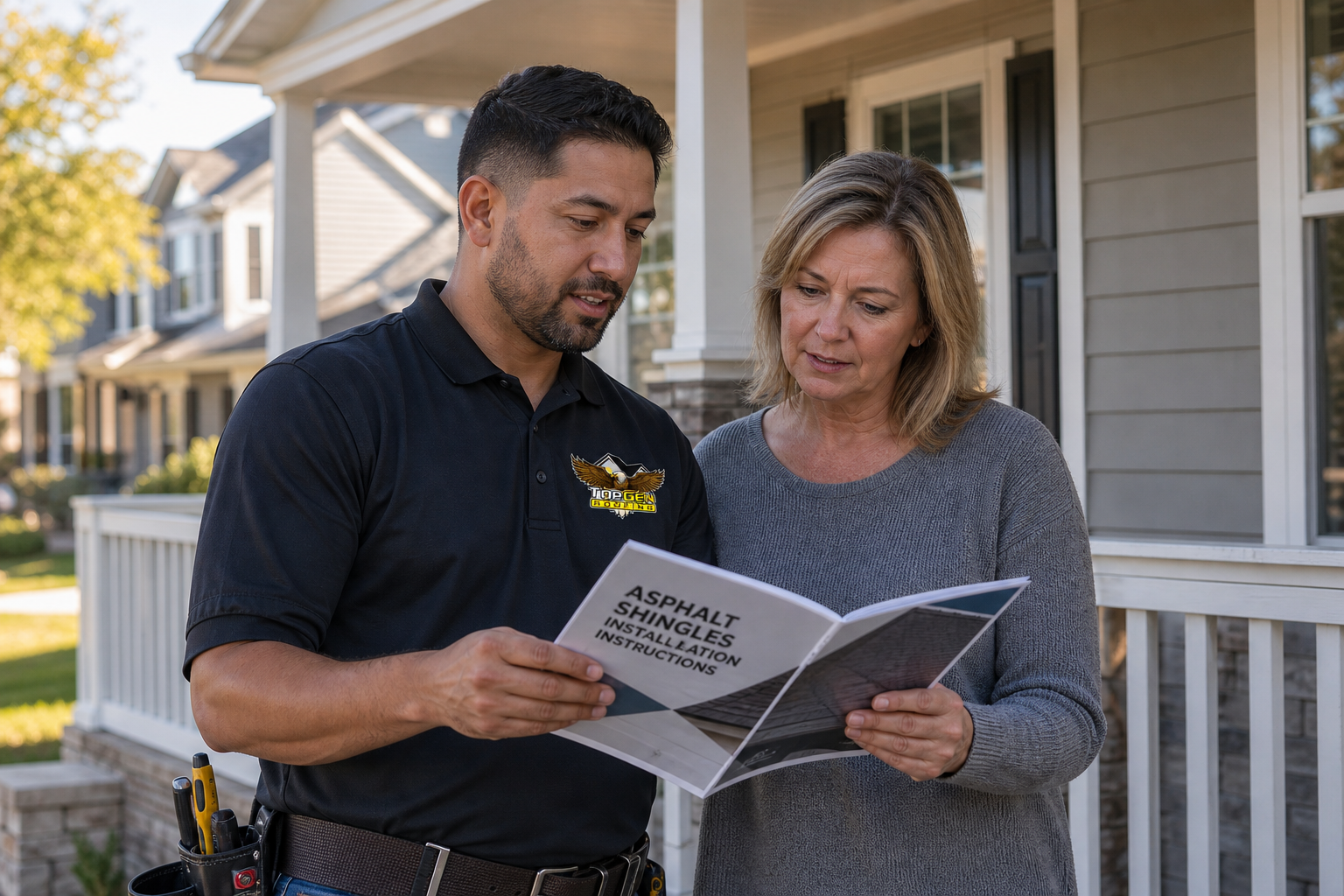 licensed roofing contractor reviewing shingle manufacturer installation manual with homeowner on front porch, printed document visible, suburban home exterior in background, afternoon light