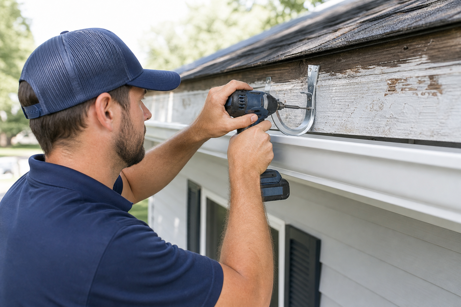 Step-By-Step Walkthrough — close-up of a gutter hanger being re-secured to a fascia board with a cordless drill, showing the bracket, screw, and weathered wood fascia surface
