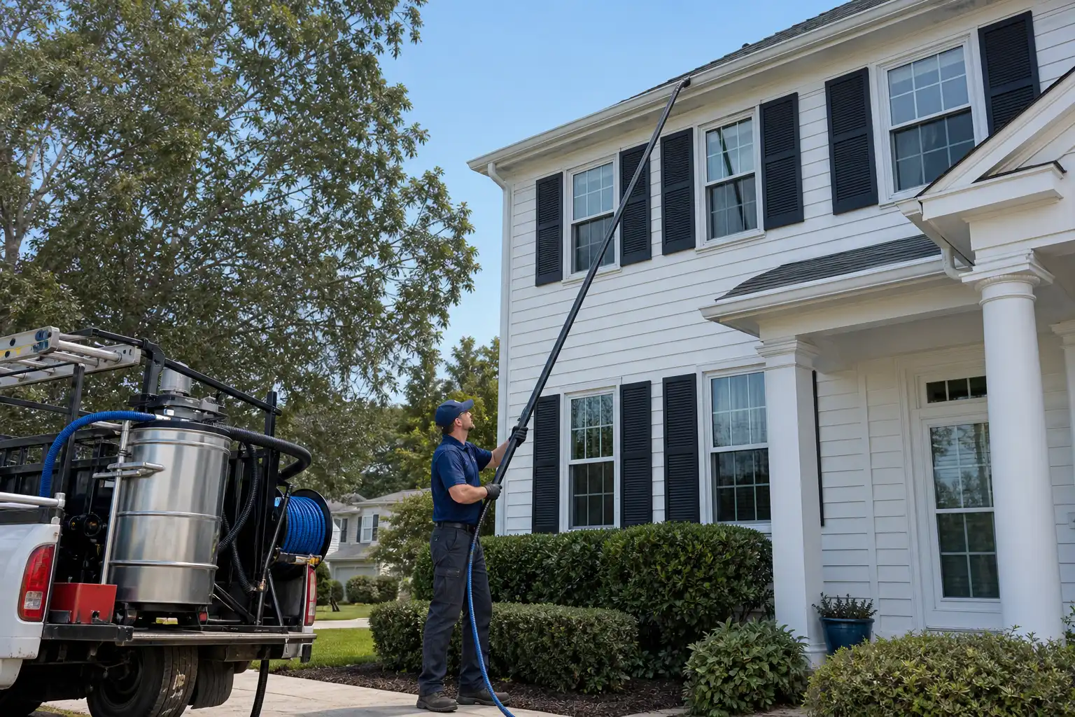 Hand Removal and Manual Tools: The Traditional Approach — professional gutter technician standing on ground-level beside a white two-story colonial home, holding extended carbon fiber vacuum pole angled up toward roof gutters, tidy suburban yard, clear blue sky
