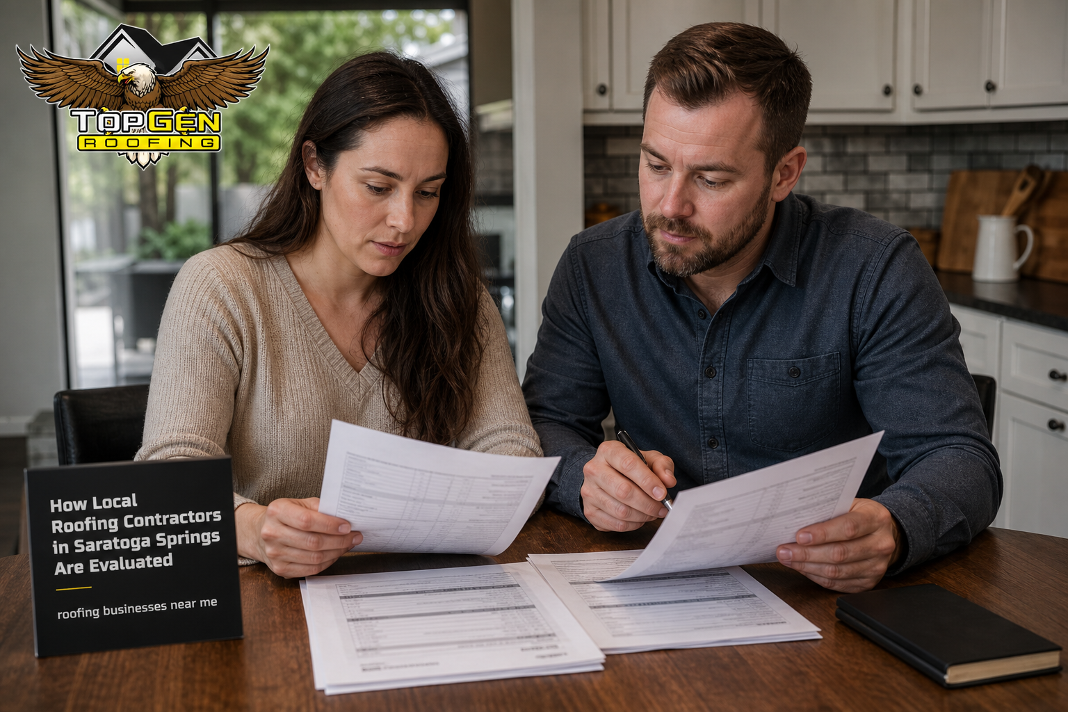 Why Roofing Businesses Near Me Matters Now — homeowner reviewing two roofing estimate documents at kitchen table, printed pages with line items, pen in hand, afternoon natural light