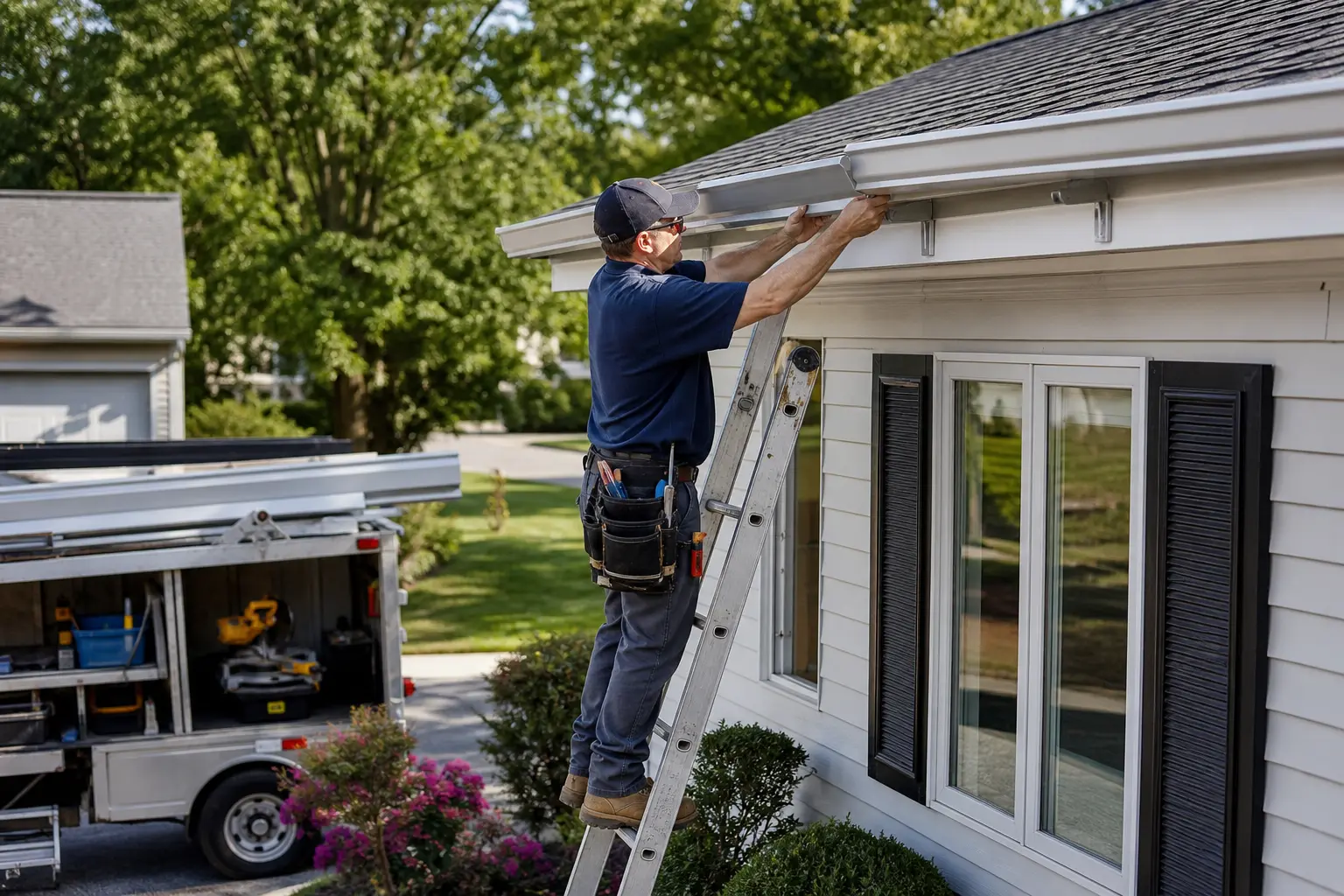 How to Move Forward: Your Next Steps — professional gutter installer on a ladder secured against a single-story home's fascia board, feeding a seamless aluminum gutter section into position, suburban yard visible below in daylight
