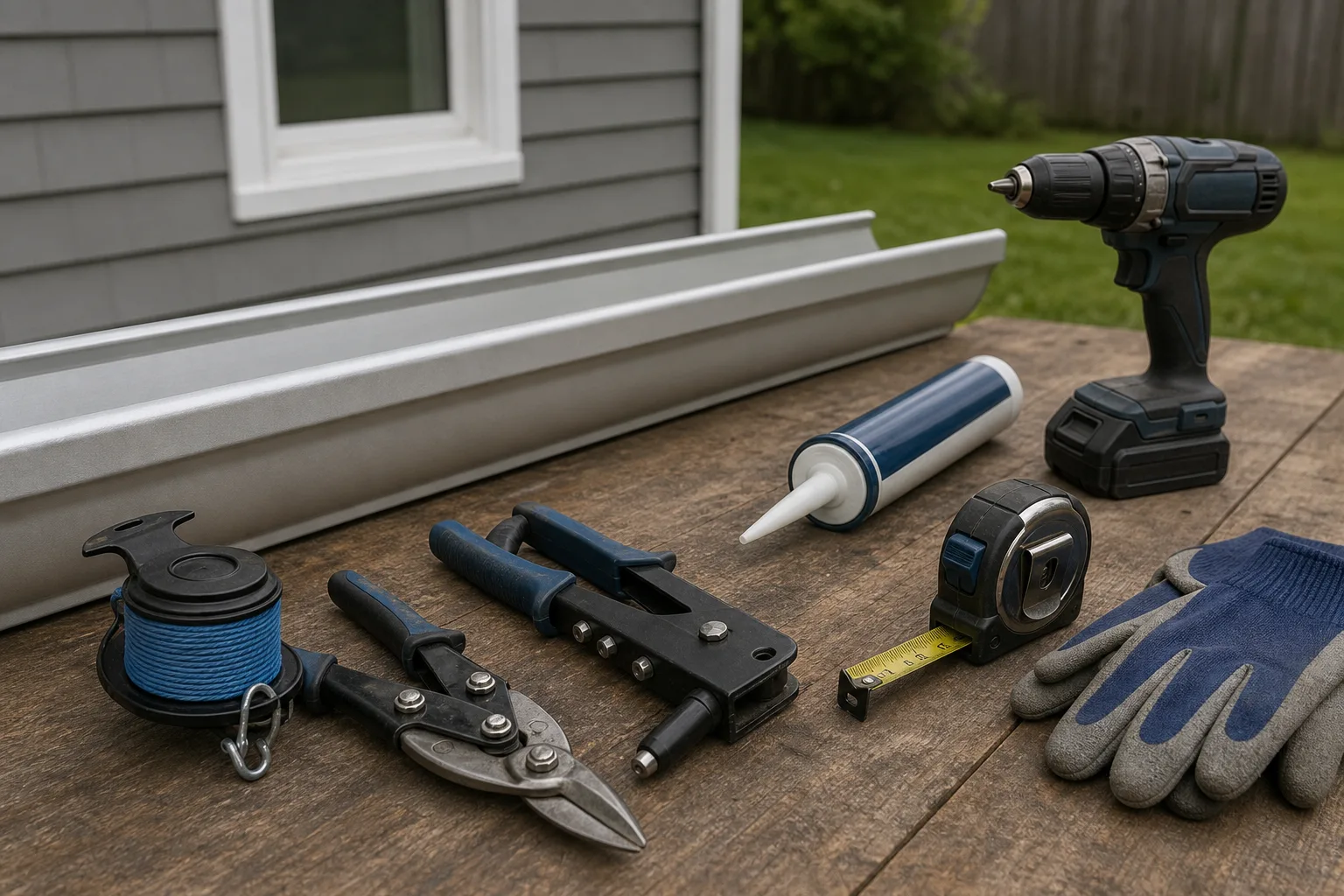 When DIY Gutter Installation Makes Sense — close-up of gutter installation tools laid out on a workbench: chalk line, tin snips, pop rivet gun, gutter sealant tube, drill, measuring tape, and gloves