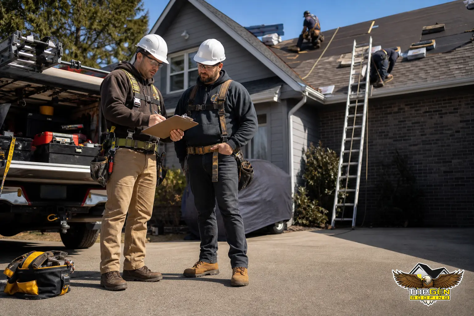 Personal Protective Equipment (PPE) Standards — two roofing contractors in hard hats standing on a driveway beside an extension ladder, reviewing a clipboard checklist with a two-story residential home and visible roof area behind them