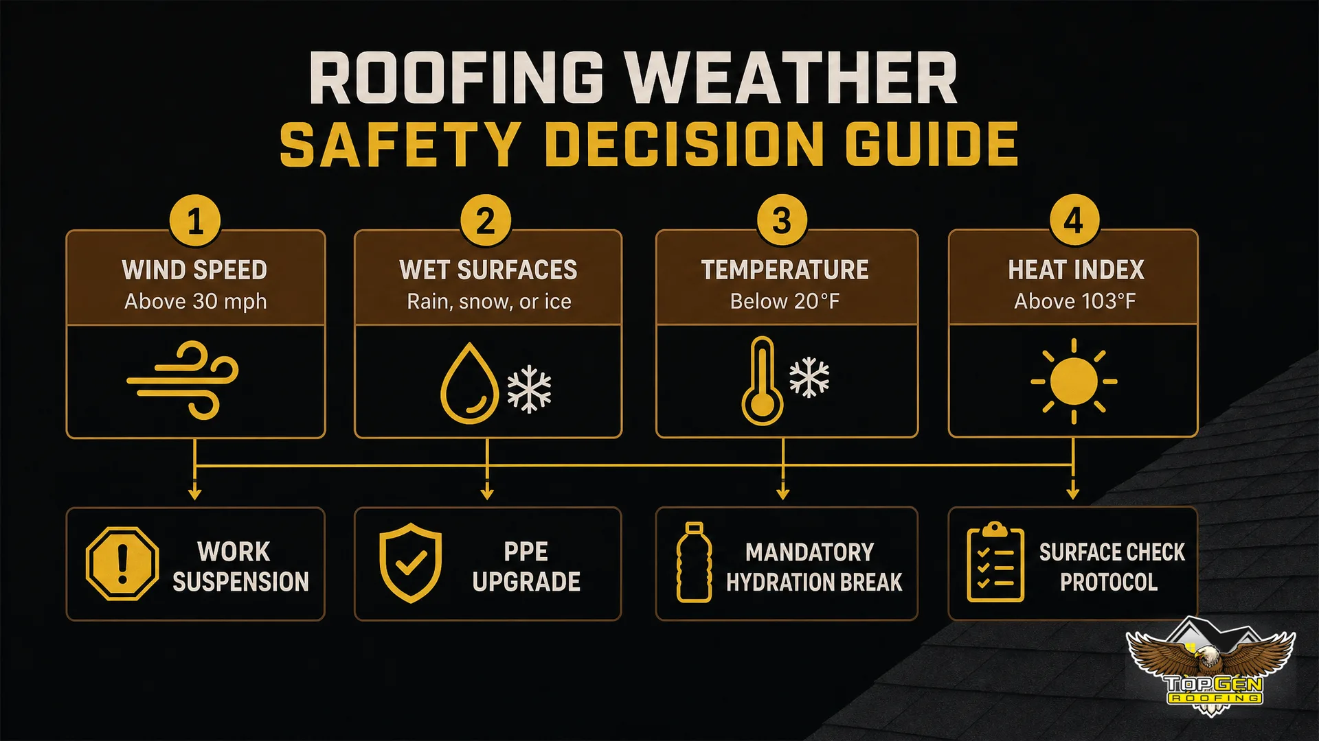 Why Job Site Safety Matters in Roofing — infographic: roofing weather safety decision guide — process flow showing conditions (wind speed above 30 mph, wet surfaces, temperature below 20°F, heat index above 103°F) linked to actions (work suspension, PPE upgrade, mandatory hydration break, surface check protocol)