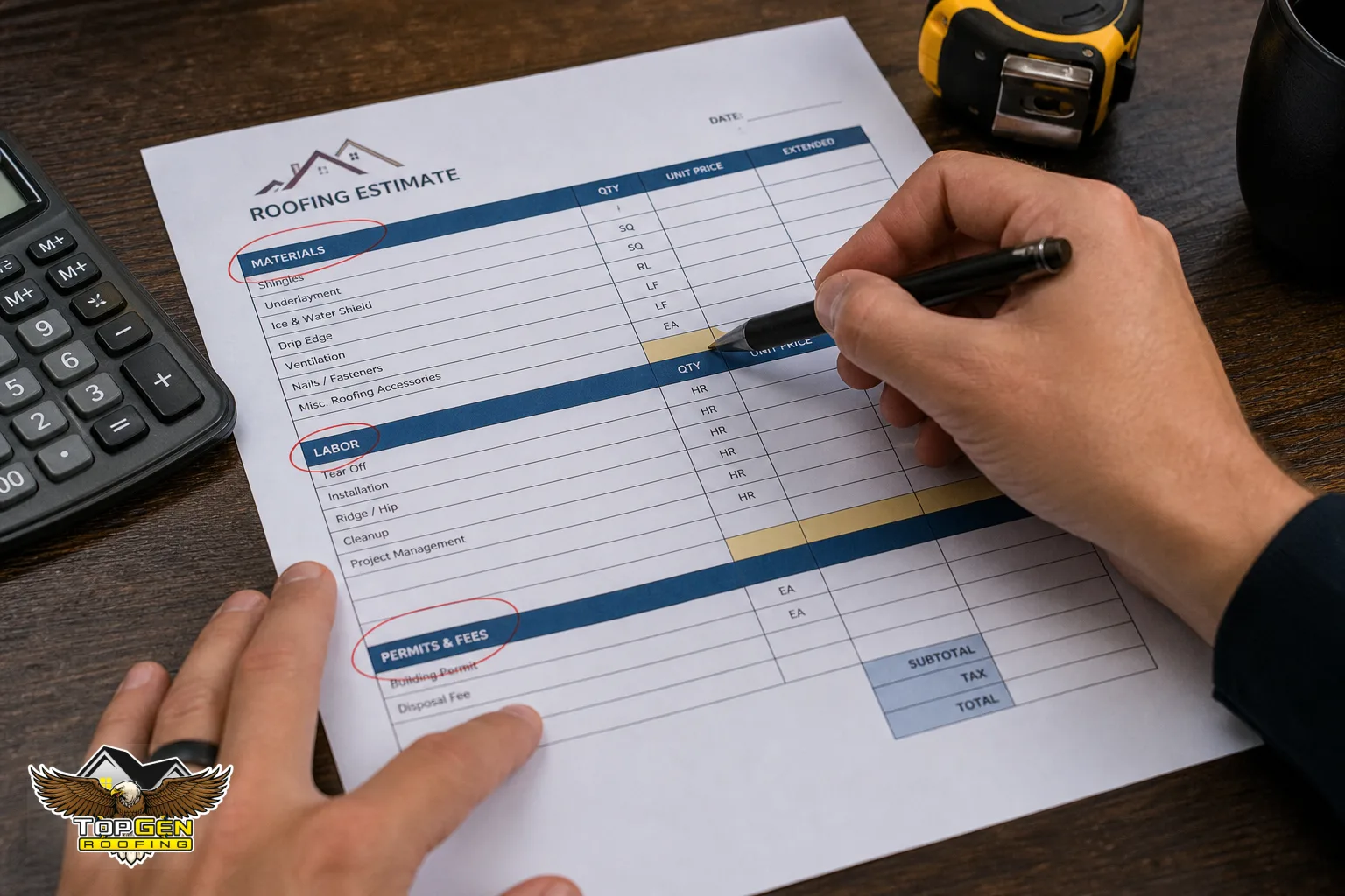 How to Compare Multiple Roofing Estimates — close-up of a printed roofing estimate document on a desk with labeled sections circled in pen, showing materials list, labor line items, and permit cost rows