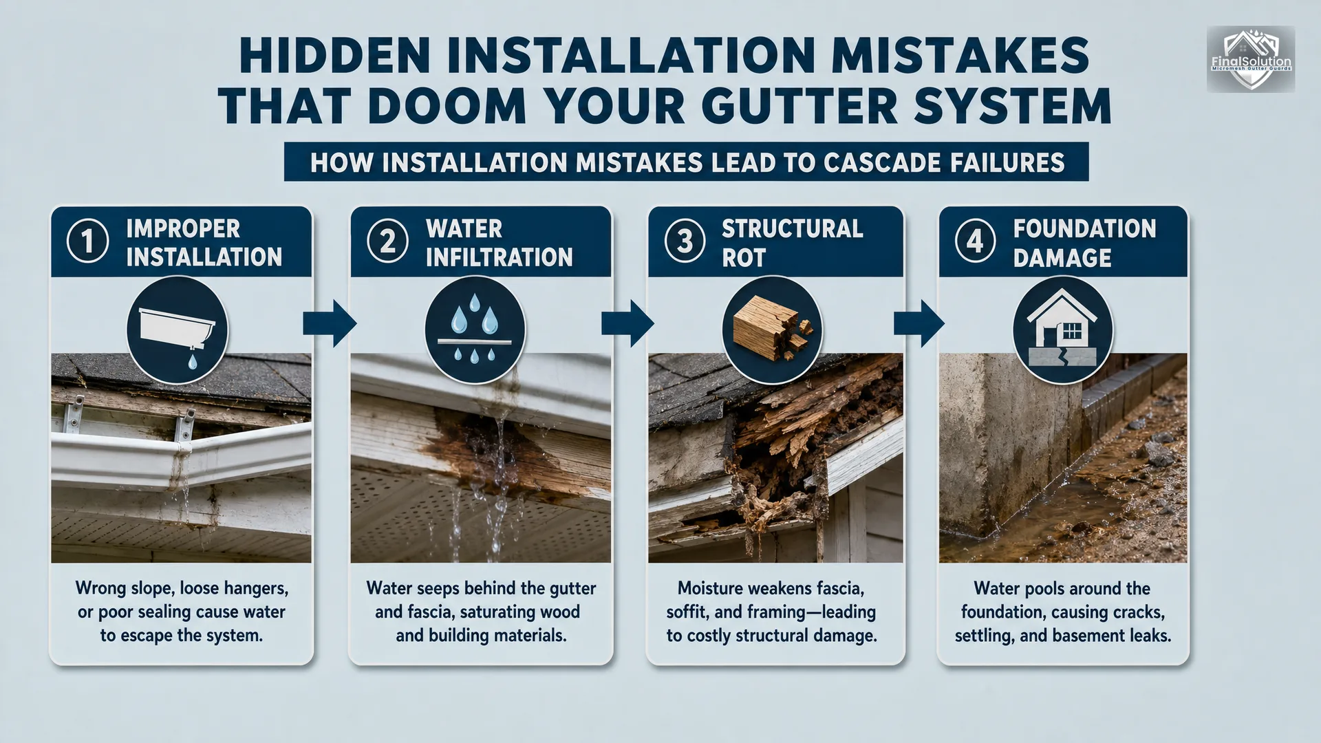 How Installation Mistakes Lead to Cascade Failures — infographic: gutter installation failure cascade — process flow diagram showing four stages: Improper Installation, Water Infiltration, Structural Rot, Foundation Damage — with directional arrows and short labels for each stage