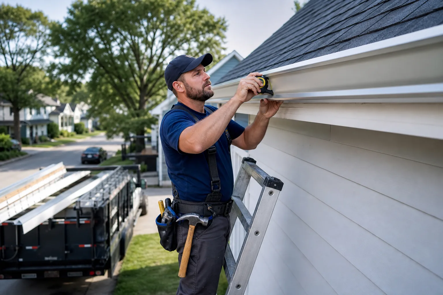 How to Prevent Improper Installation Before It Starts — Contractor on a ladder at roofline level installing a seamless aluminum gutter section against a white fascia board, measuring tape visible, residential neighborhood in background on a clear day