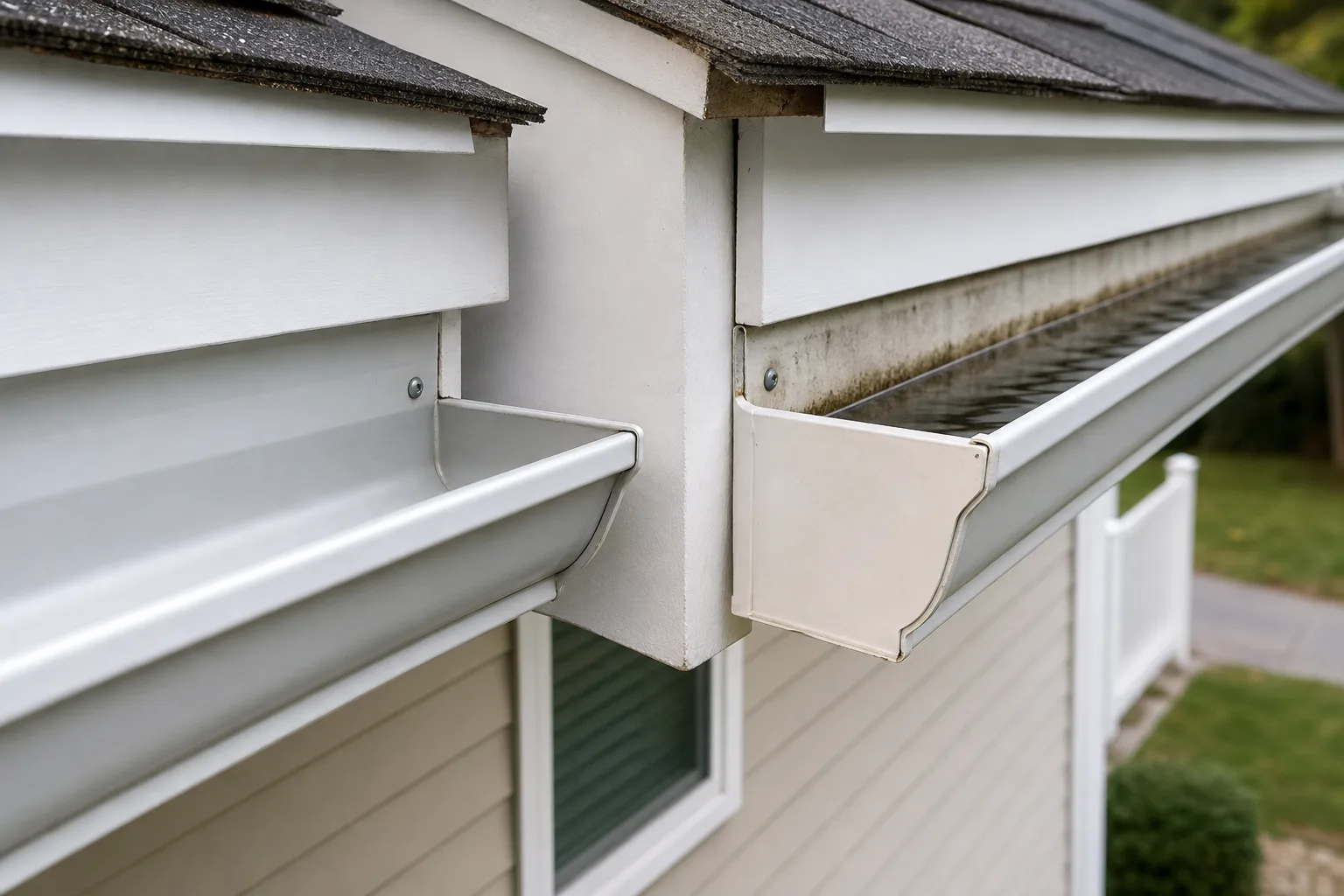 Three Hidden Mistakes That Doom Your Gutter System — Side-by-side comparison of a properly pitched aluminum gutter versus a level gutter with standing water, both mounted on residential fascia boards, clear afternoon light showing water line staining inside the flat gutter