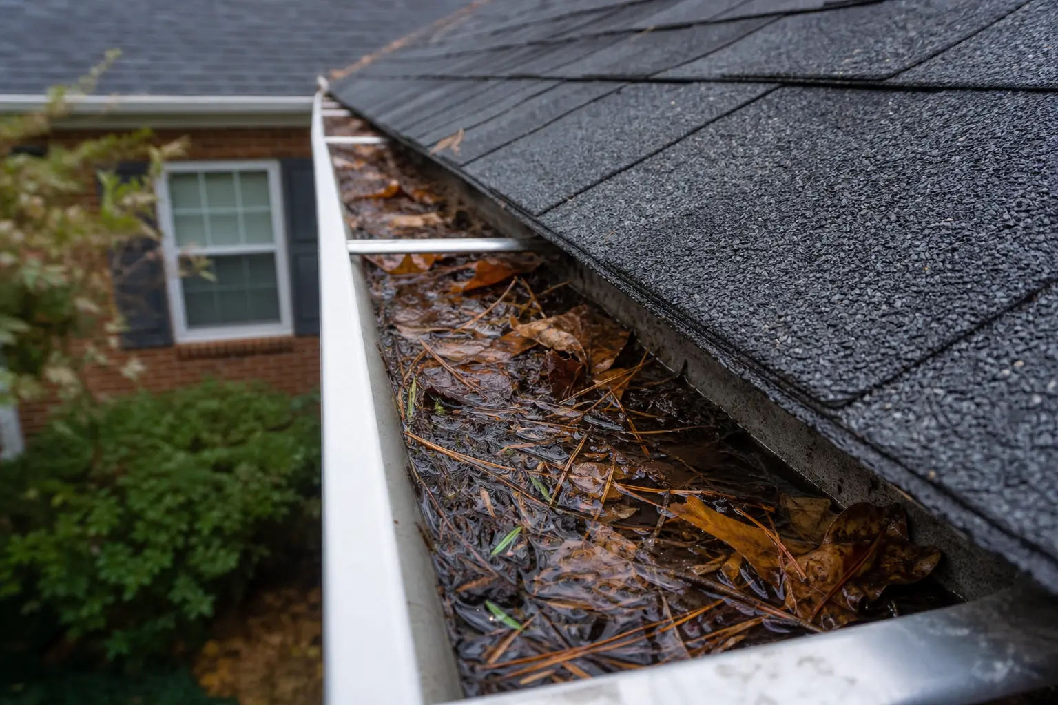 What a Typical Gutter Warranty Covers — Close-up of clogged aluminum gutter filled with wet leaves, pine needles, and standing water along a roofline, afternoon light, suburban home exterior