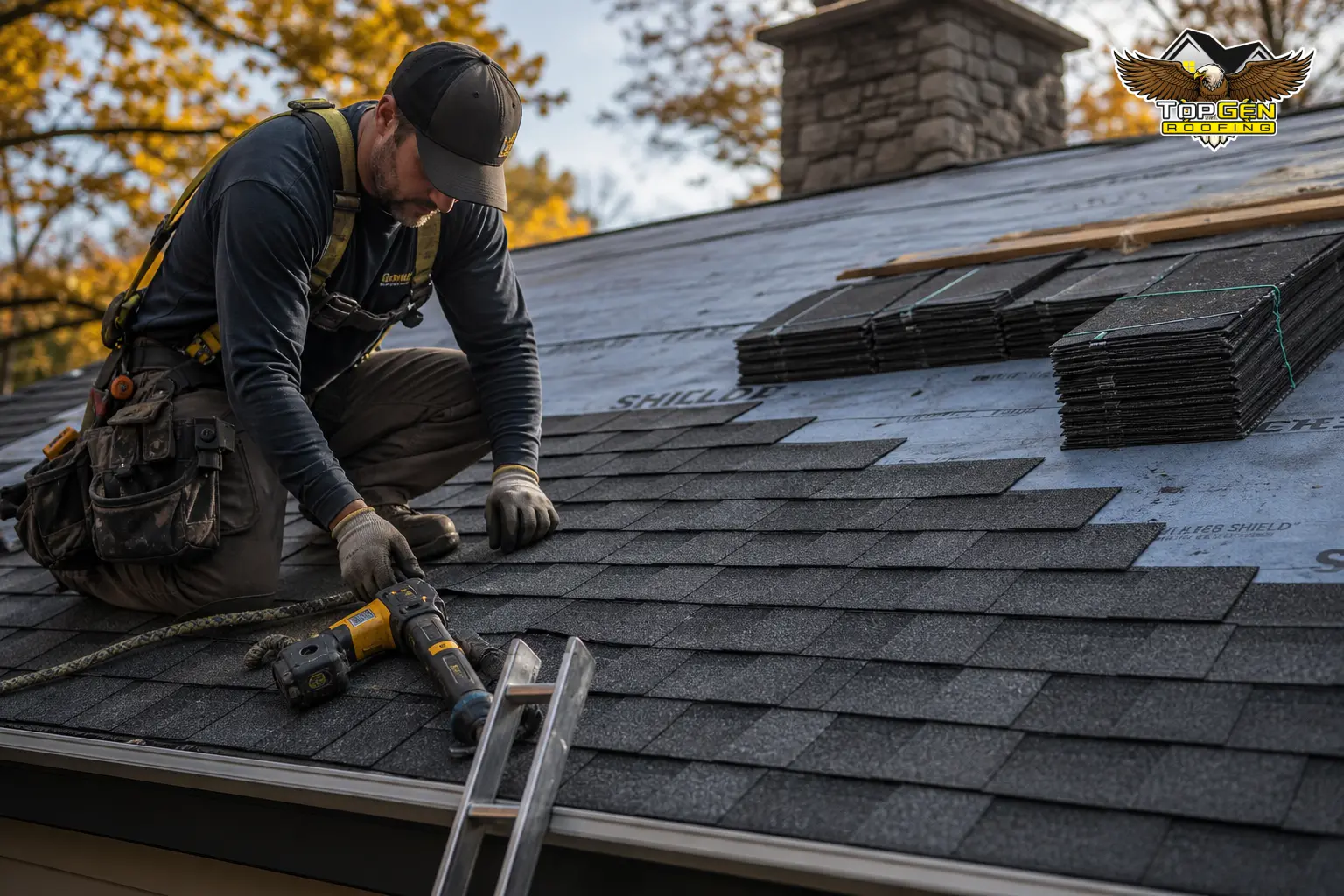 Average Is the Cheapest Roofing Quote Always a Red Flag Costs in 2026 — roofing contractor on a steep-pitched residential roof in upstate New York, carefully installing architectural shingle rows, ladder secured at eave, autumn trees in background