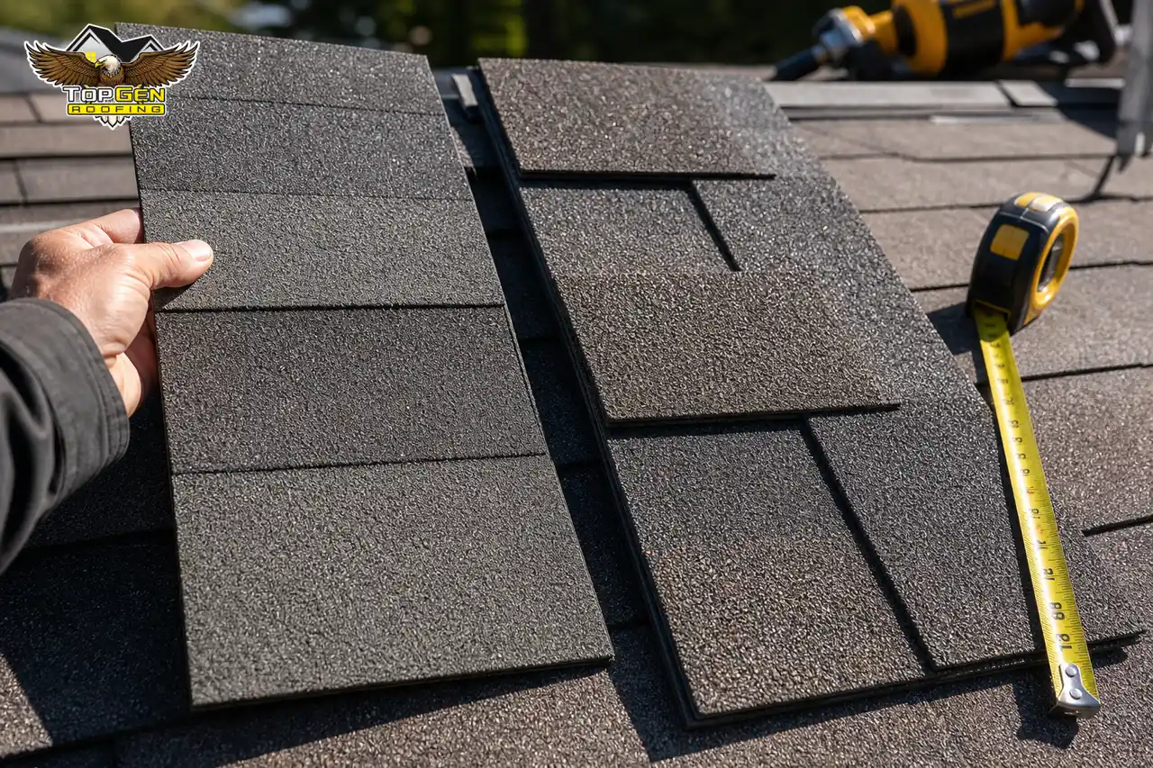 Ways to Save Without Cutting Quality — close-up of two roofing material samples side by side — standard 3-tab asphalt shingles versus thicker architectural shingles, natural lighting on textured surfaces, measuring tape alongside