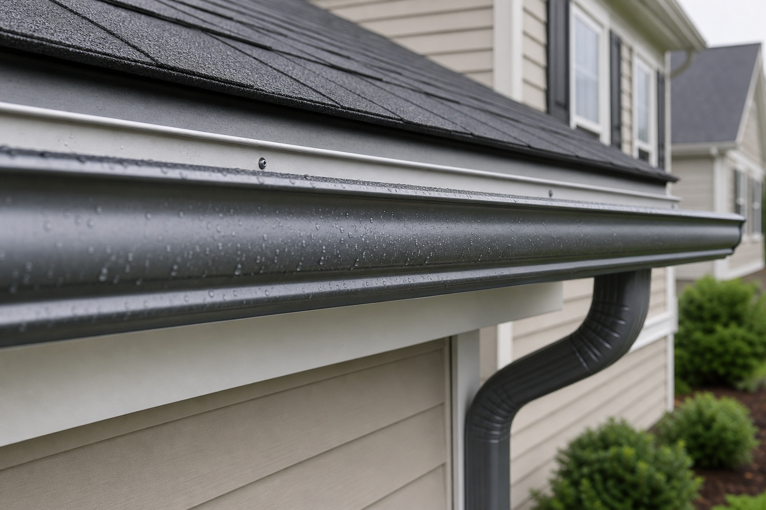 How Seamless Gutters Outperform Traditional Sectional Systems — aluminum seamless gutter profile close-up mounted on fascia board, showing smooth continuous channel with no seams, water droplets on surface, suburban home siding visible in background