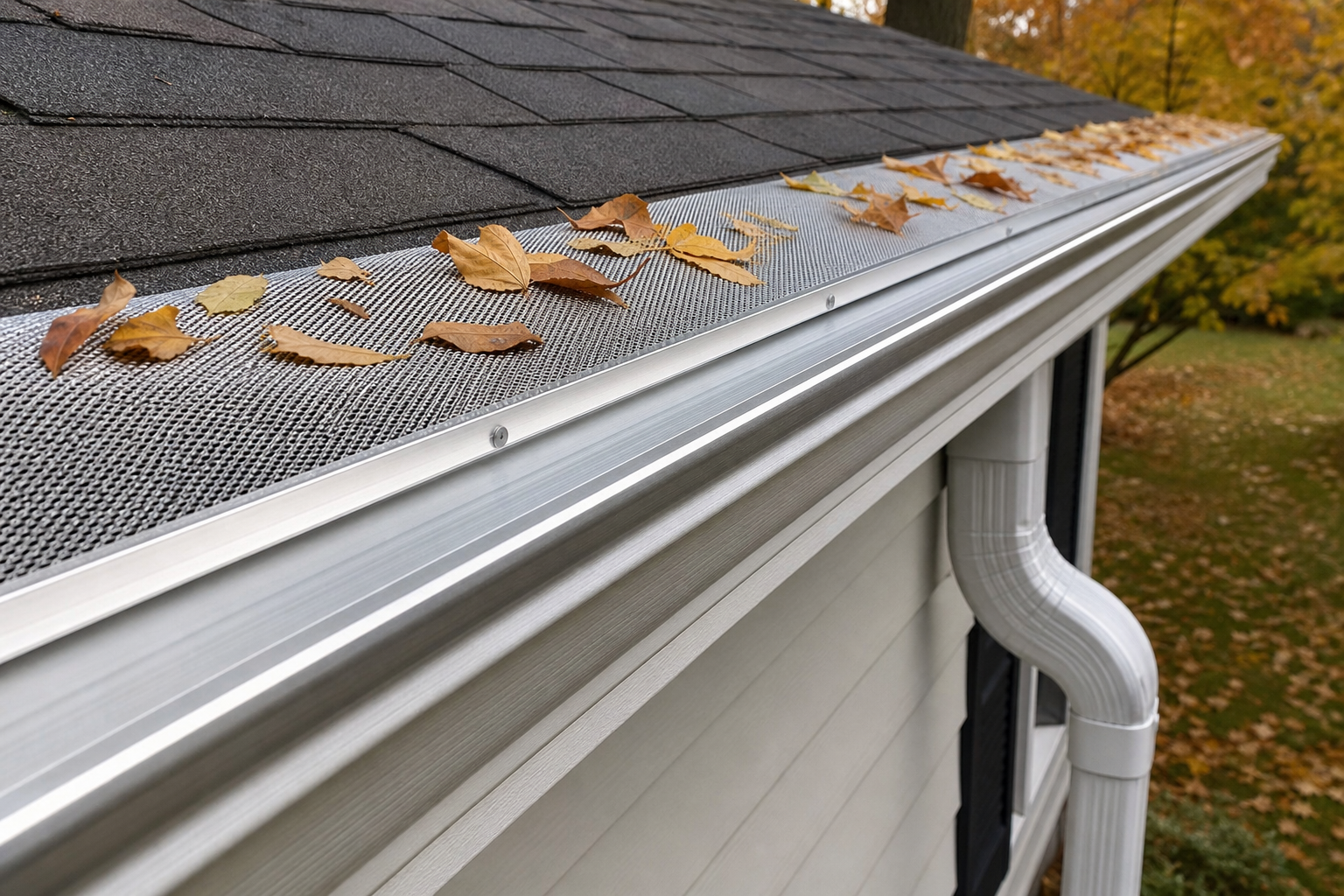 How Gutter Guards Prevent Fascia Rot — micromesh gutter guard installed on a residential roofline, clean aluminum profile, autumn leaves resting on top of the mesh, no debris inside the gutter channel, suburban home with painted fascia boards visible below