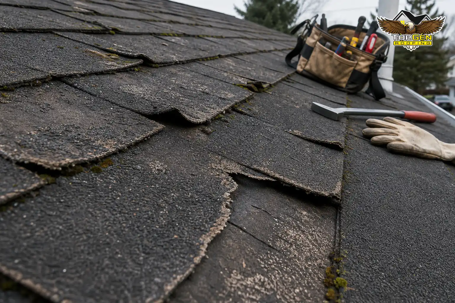 Key Factors That Determine Repair vs. Replacement — close-up of severely curled and granule-stripped asphalt shingles on a residential roof slope, showing weathered texture, mossy patches, and exposed substrate along the edges