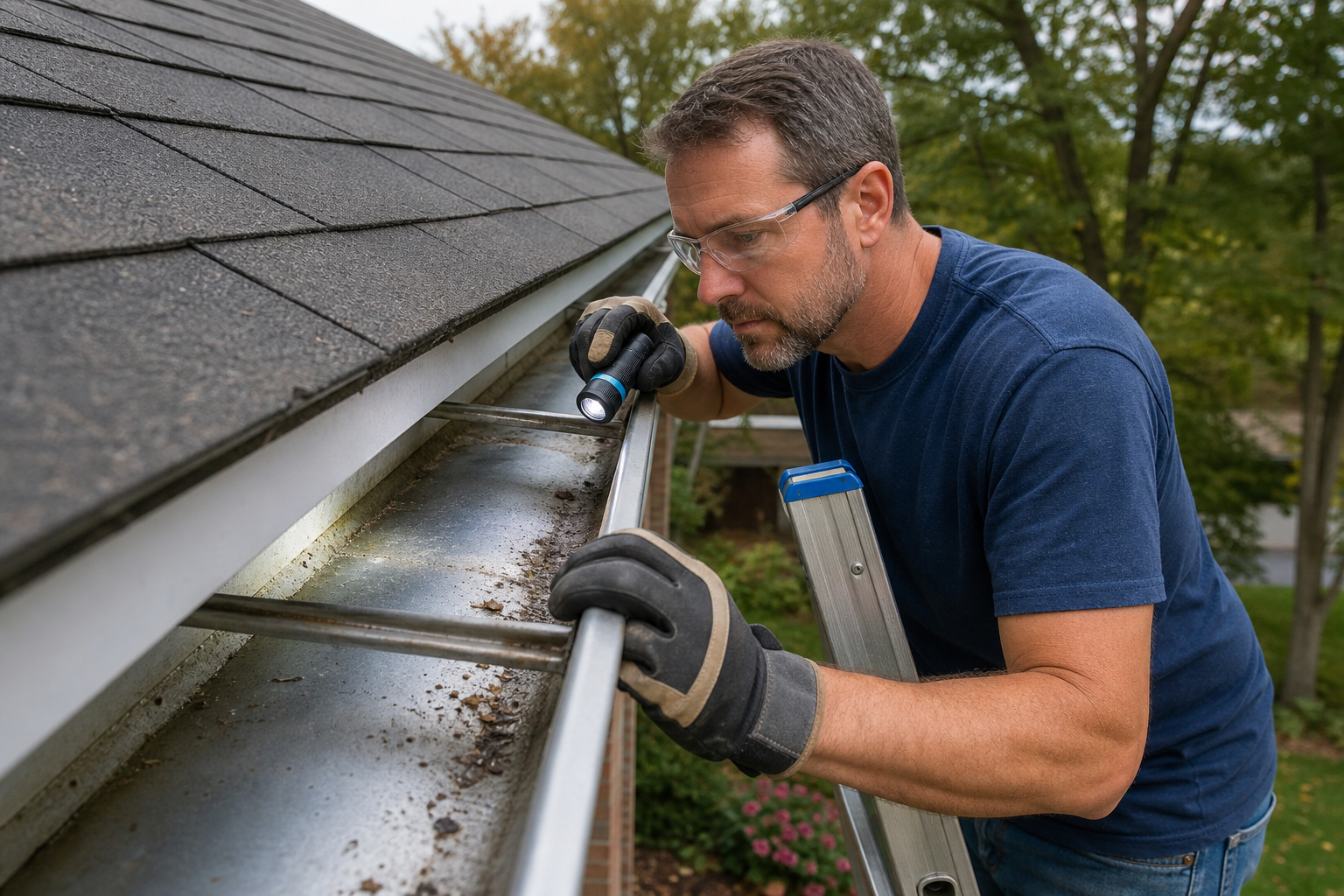 Step-by-step walkthrough — homeowner in work gloves inspecting the interior of aluminum gutters on a one-story home, using a flashlight to check for rust, cracks, and debris buildup