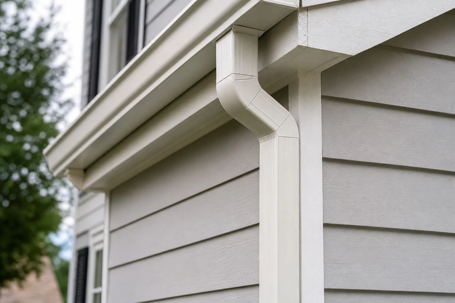 close-up of a 3x4-inch rectangular aluminum downspout mounted on a painted wood fascia, with a gutter outlet elbow visible, suburban Albany home siding in background
