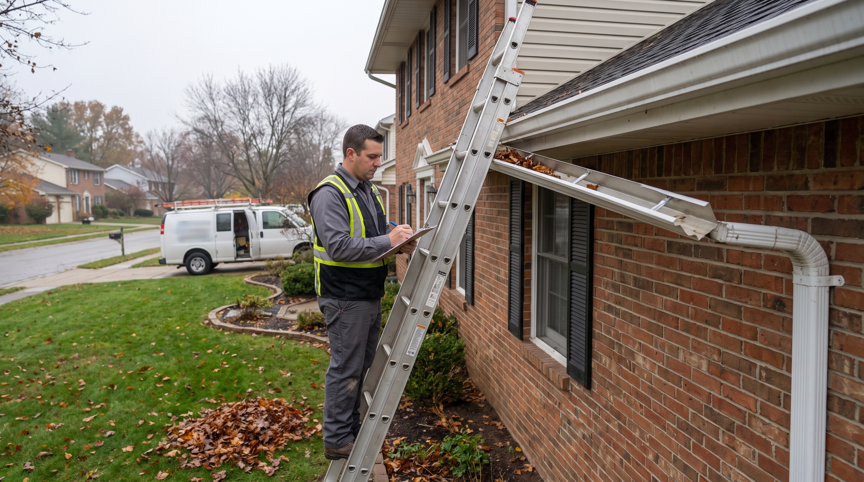 Practical Signs Your Gutters Need Professional Improvements — A gutter contractor in a gray work shirt inspecting a white aluminum gutter mounted to a brick colonial home exterior, holding a clipboard, overcast sky, fall leaves on the lawn below (AI-generated)