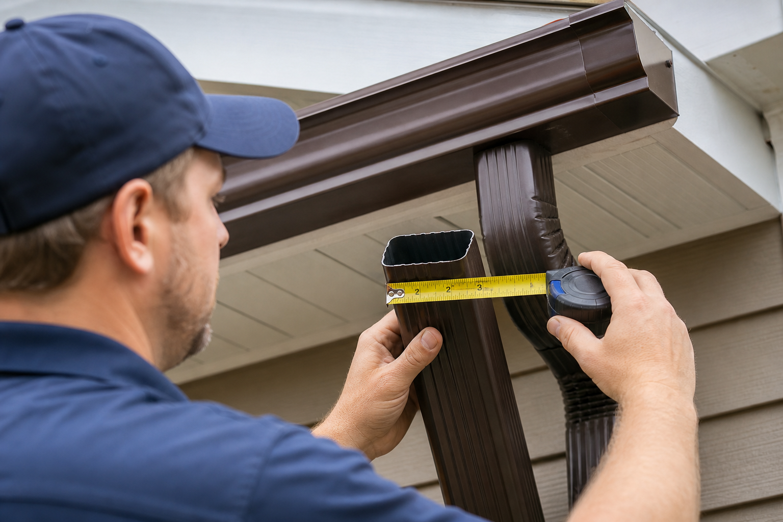What You Need Before You Start — close-up of a contractor measuring a rectangular aluminum downspout with a tape measure, fascia board and brown seamless gutter visible in background, residential exterior