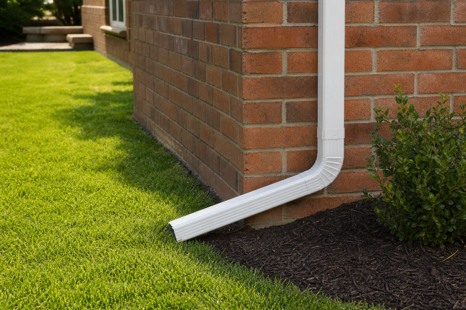 residential exterior showing a properly installed 3x4 inch aluminum downspout with a rigid elbow extension directing water away from a brick foundation, green lawn, and mulched garden bed in a Monroe County neighborhood