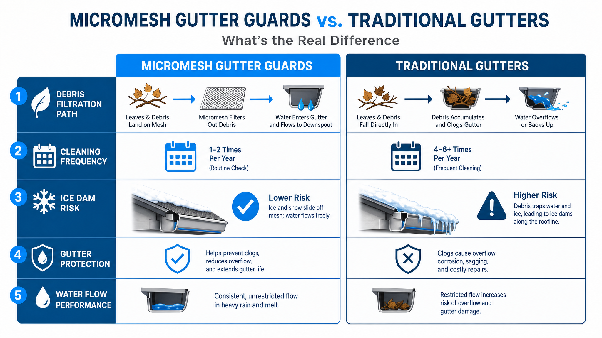 Side-by-side comparison — infographic: micromesh gutter guards vs traditional gutters comparison — split-panel decision tree showing debris filtration path, cleaning frequency, and ice dam risk for each system with labeled arrows