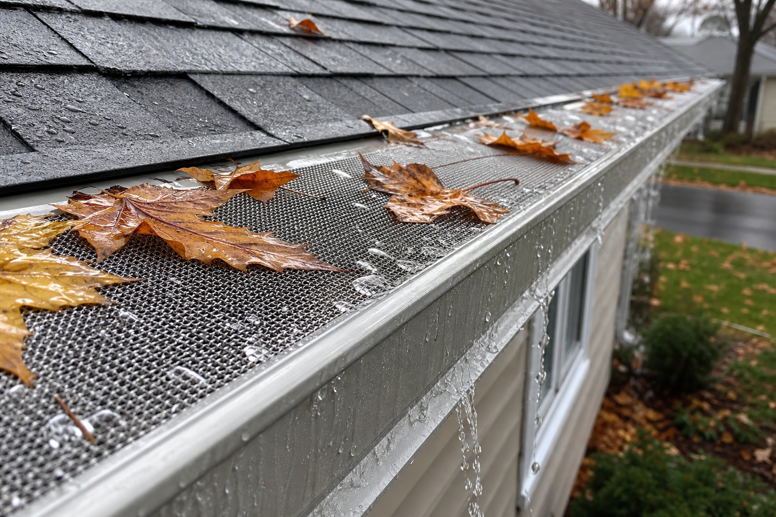 Pros and cons of each approach — close-up of stainless steel micromesh gutter guard surface with autumn maple leaves resting on top, water beading and flowing through mesh perforations, residential roofline in background