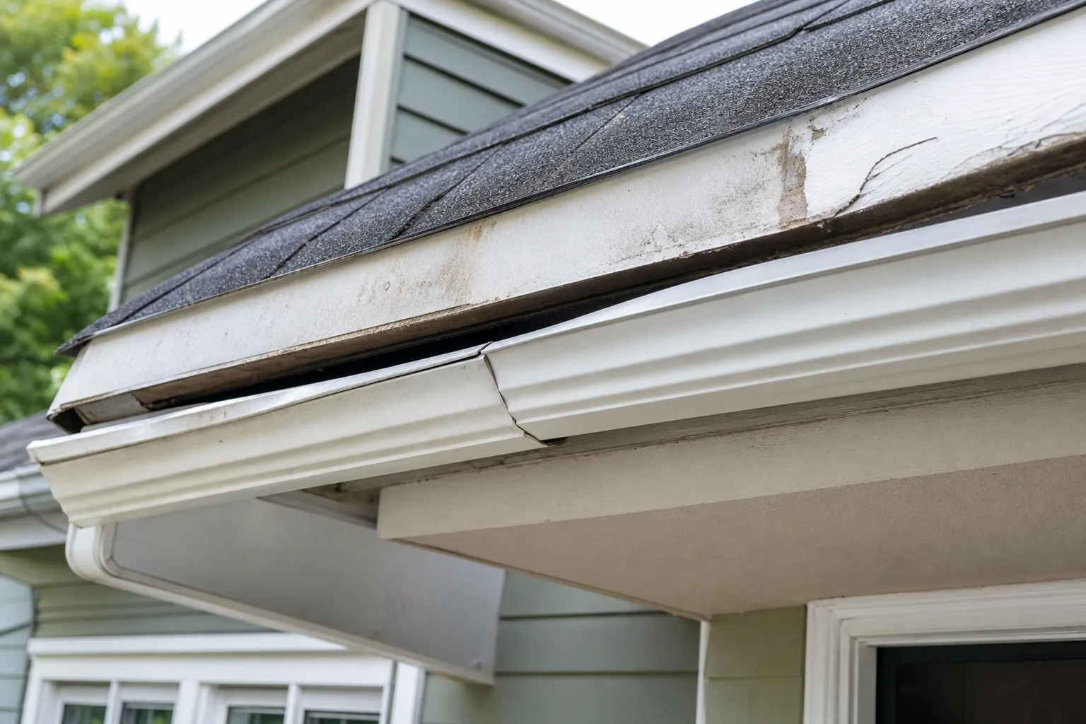 The Hidden Cost of Distance in Emergency Gutter Repairs — close-up of sagging aluminum gutter pulling away from fascia board, visible gap between gutter and roofline, water stain on painted wood soffit, daylight exterior residential home