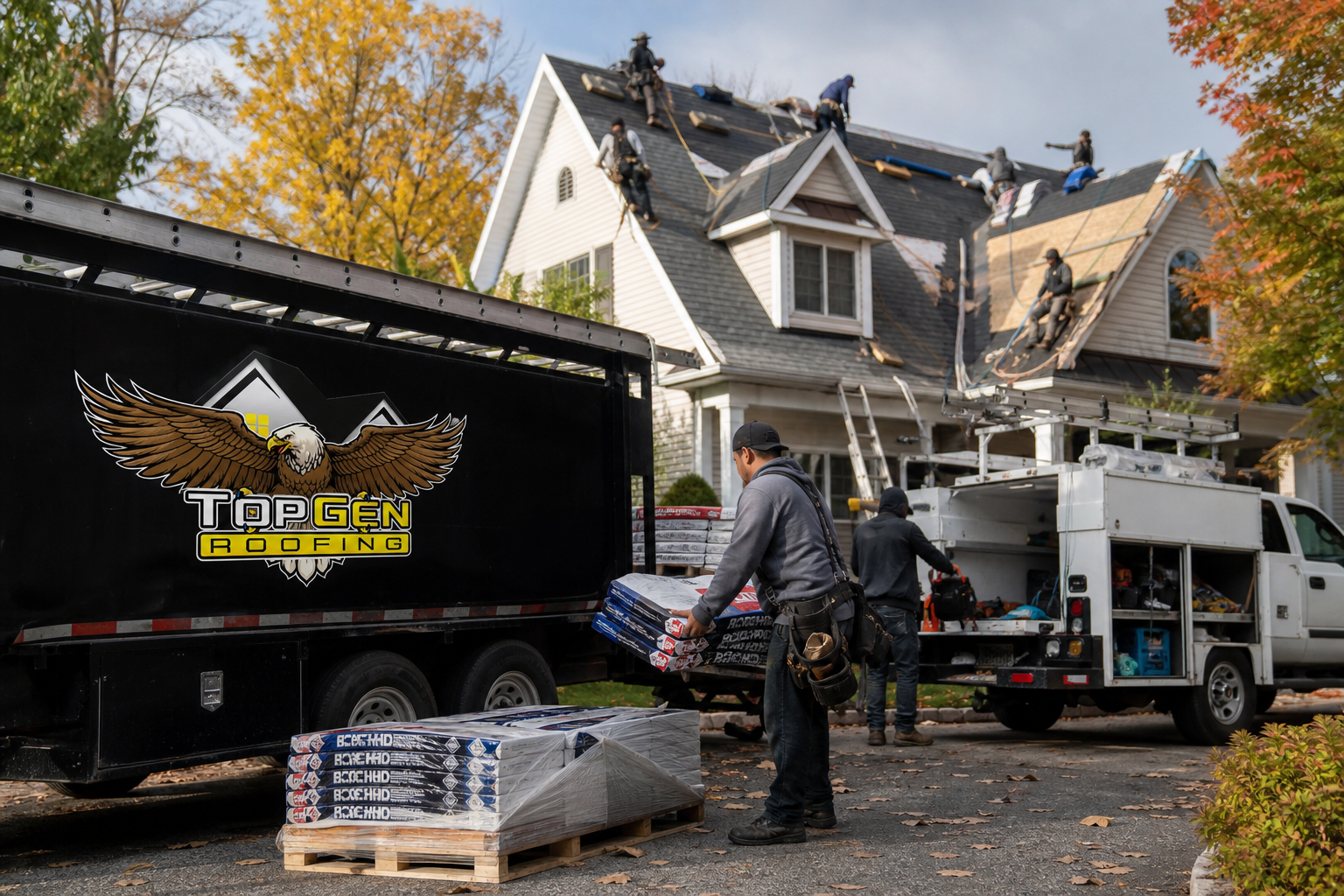 Getting Better Value Without Cutting Corners — roofing crew installing architectural asphalt shingles on a residential home with steep-pitch gable roof, fall foliage visible in background, suburban New York setting