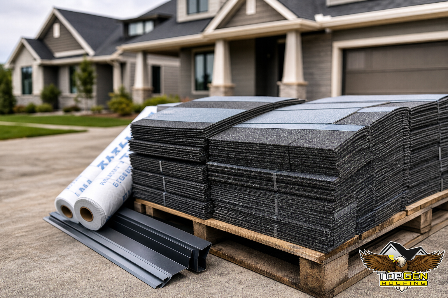 Material Costs and Quality Tiers — close-up of architectural asphalt shingles stacked on a pallet beside roofing underlayment rolls and metal drip edge, residential driveway, natural daylight
