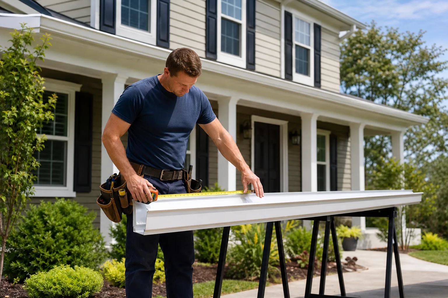 Cost Breakdown by Project Type — close-up of a gutter contractor measuring aluminum seamless gutter channel before installation on a two-story colonial home, tool belt, ladder, sunny day
