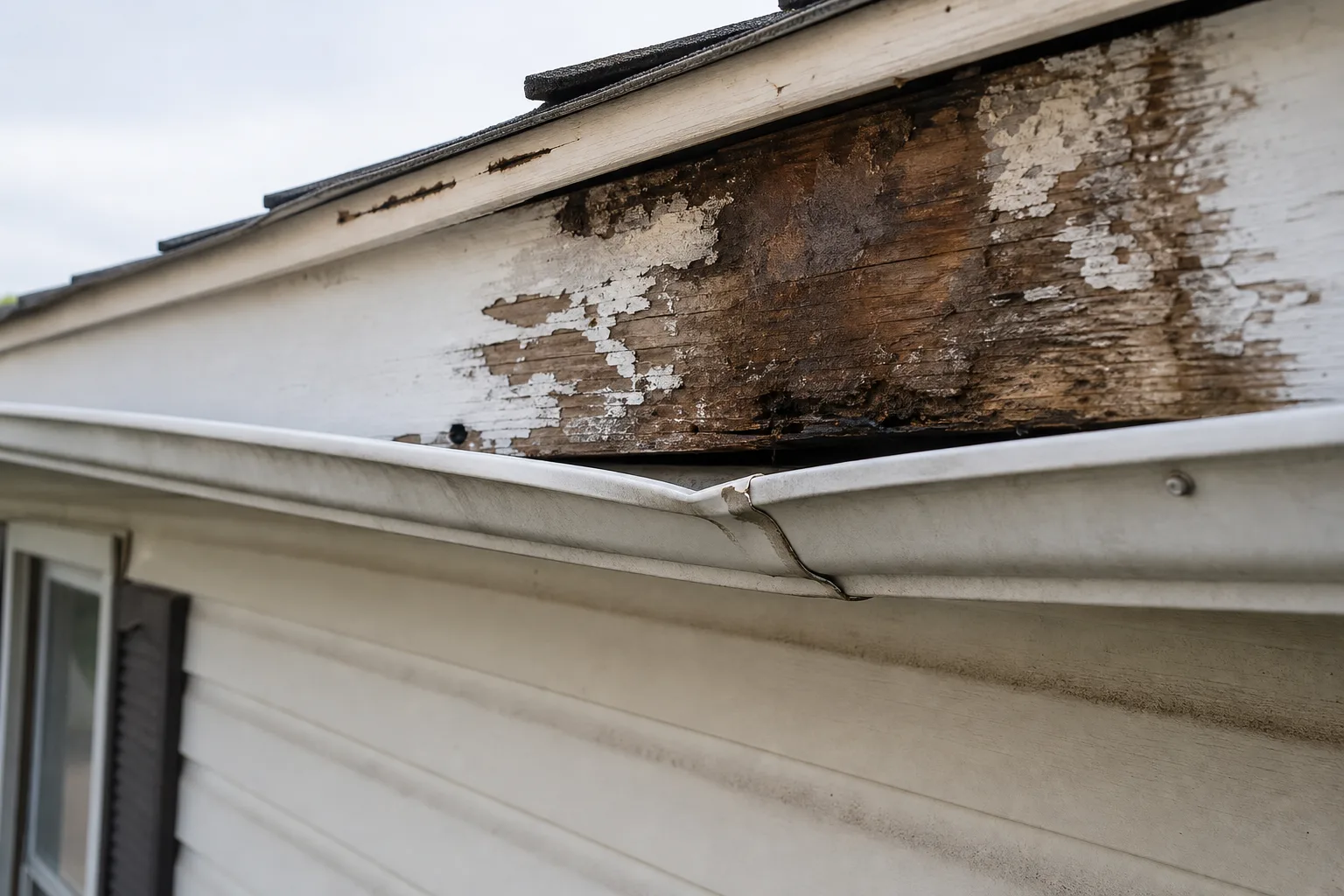 How Water Damage Accelerates When Gutters and Siding Fail Together — close-up of deteriorated wood fascia board with peeling paint and dark water staining directly behind a sagging aluminum gutter, residential exterior wall with vinyl siding panels below