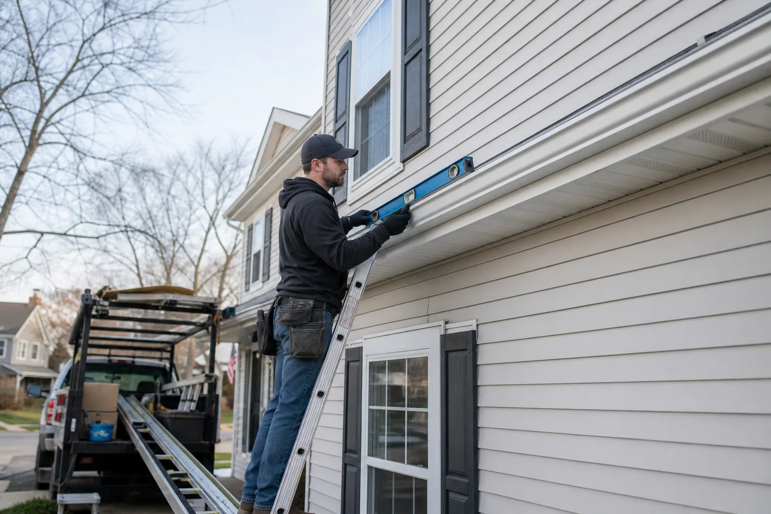 Planning a Gutter and Siding Installation Project in 2026 — contractor on ladder at roofline of two-story home measuring gutter pitch with level tool, seamless aluminum gutter visible along fascia, vinyl siding panels below, suburban Rochester neighborhood in background
