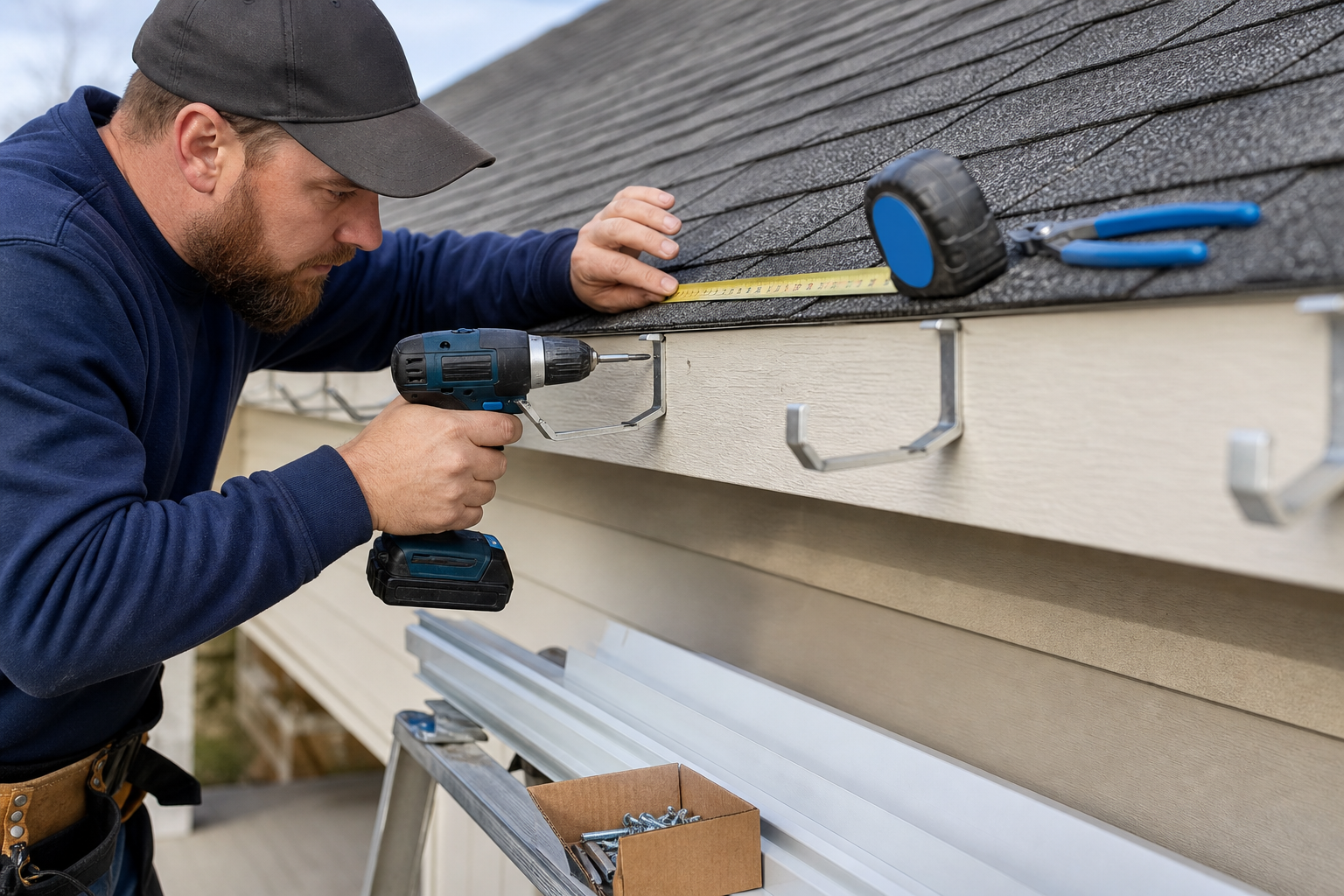 Step-By-Step How to Rain Gutter Installation Improvements — close-up of aluminum seamless gutter hanger brackets being fastened to fascia board, measuring tape stretched along roofline, showing correct spacing and slope setup
