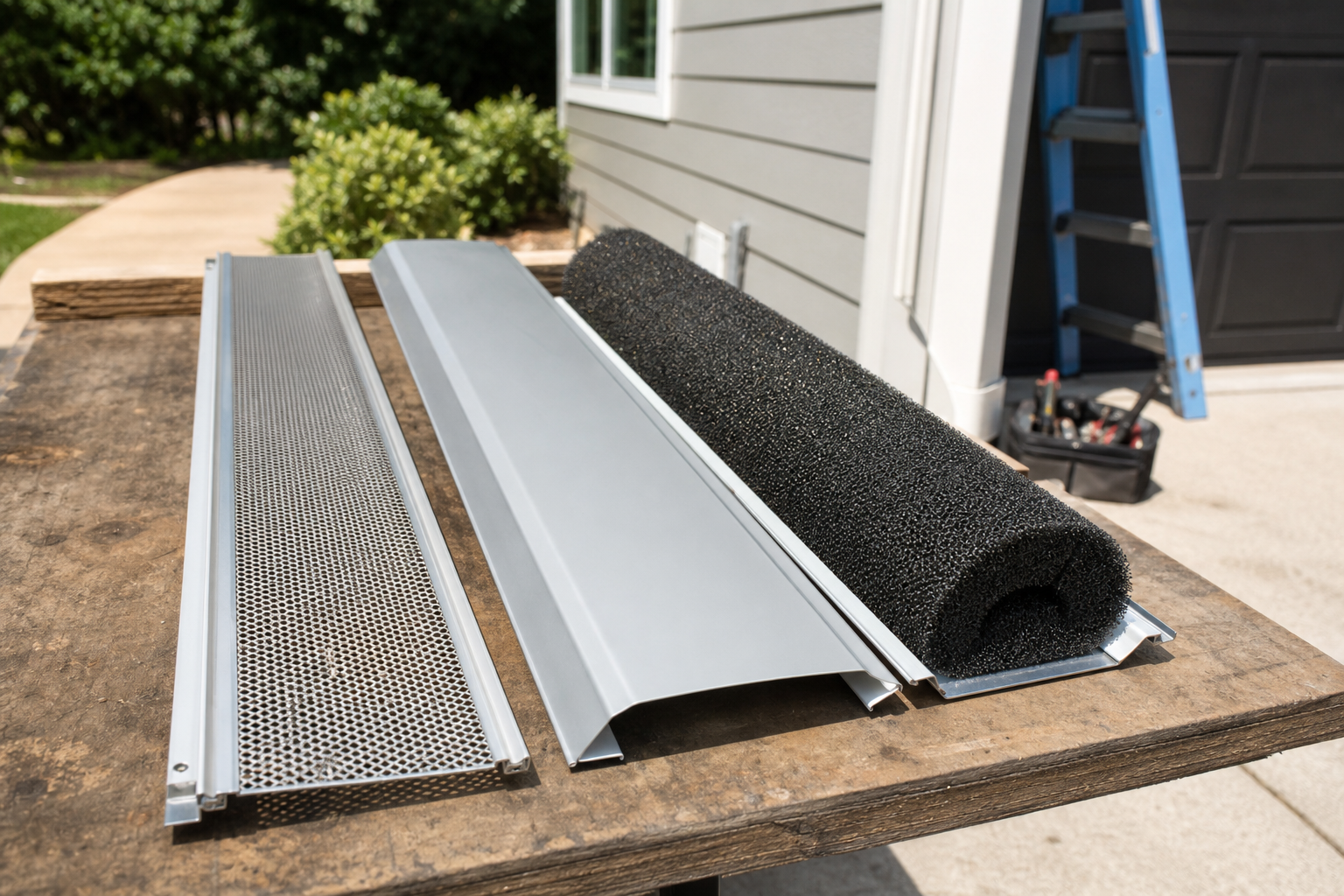 Common Gutter Guard Systems Compared — side-by-side close-up of three gutter guard product samples laid flat on a workbench: fine stainless micromesh, solid aluminum reverse-curve cover, and a cylindrical foam insert brush