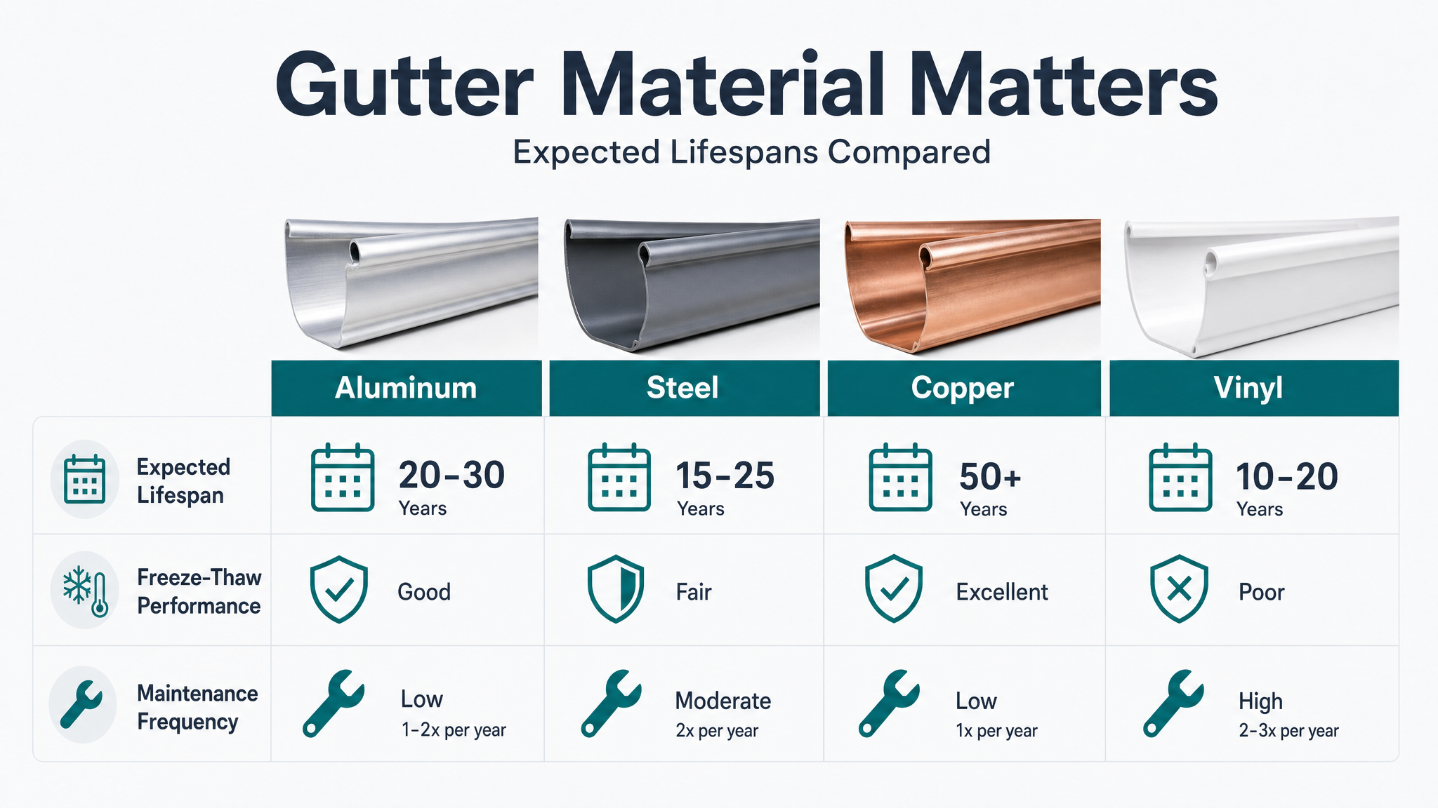 Gutter Material Matters: Expected Lifespans Compared — infographic: gutter material lifespan comparison — side-by-side columns showing aluminum, steel, copper, and vinyl gutters with labeled lifespan ranges, freeze-thaw performance ratings, and maintenance frequency icons