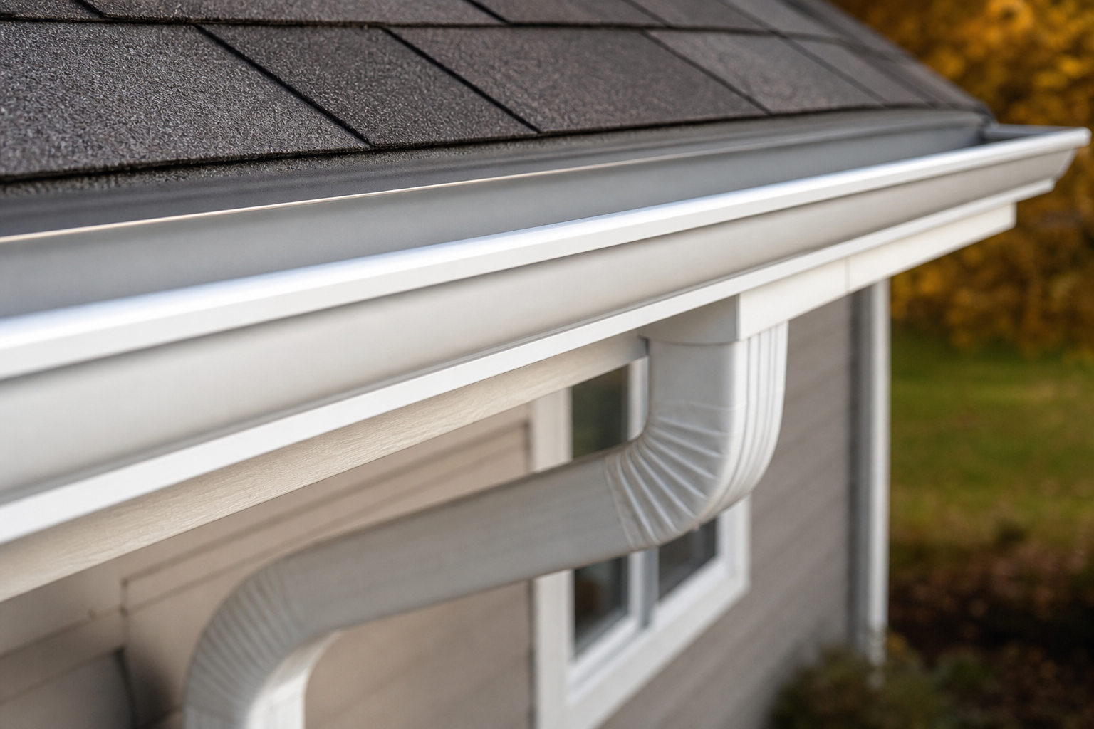 Making the Investment Decision: Is It Worth It for Your Home? — close-up of a newly installed seamless aluminum gutter on a residential fascia board, showing smooth continuous run, white sectional downspout elbow, and autumn leaf debris cleared from the channel