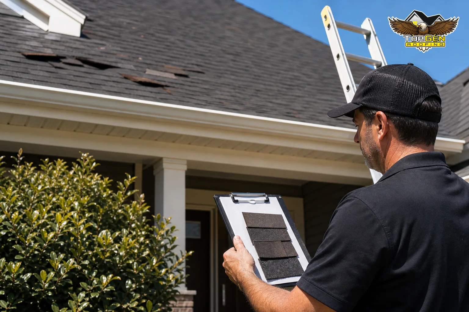 roofing contractor on a ladder reviewing a clipboard inspection report, close-up of written damage notes and shingle samples, residential roof visible above