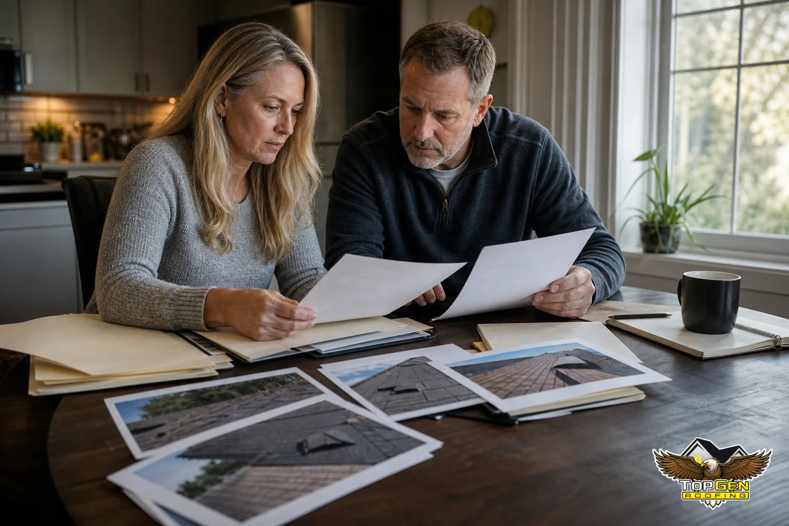 Understand Your Insurance Policy and Coverage Limits — homeowner seated at a kitchen table reviewing insurance claim paperwork and contractor repair quotes, organized folders and printed photos spread across the table, natural window light
