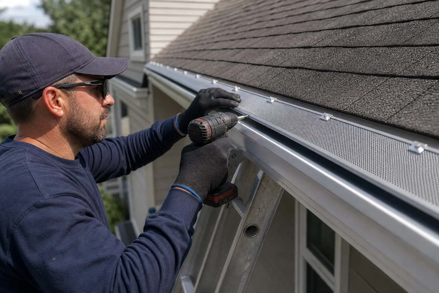 Comparing Rated vs. Unrated Guards: Performance and Liability — close-up of aluminum gutter guard mesh panel being secured by a technician on a residential roofline, ladder propped against fascia, visible screws and bracket clips, afternoon sunlight on suburban home exterior