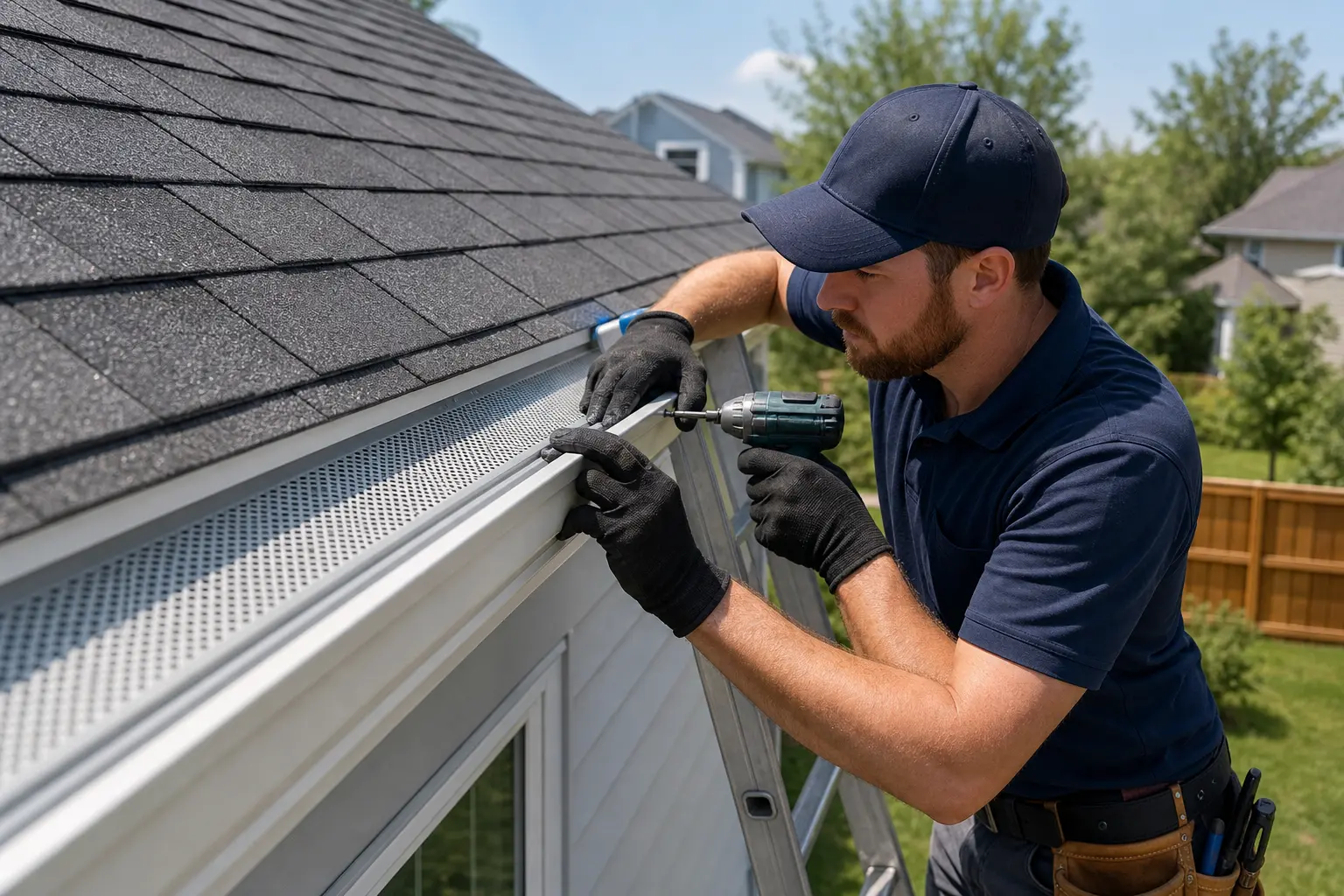 Why No Wind Resistance Ratings Leave Your Guards Vulnerable — gutter contractor on a ladder at roofline height, hands securing an aluminum gutter guard panel to a K-style seamless gutter on a two-story home, visible fastener tool, green suburban yard and wooden fence in background, clear sky