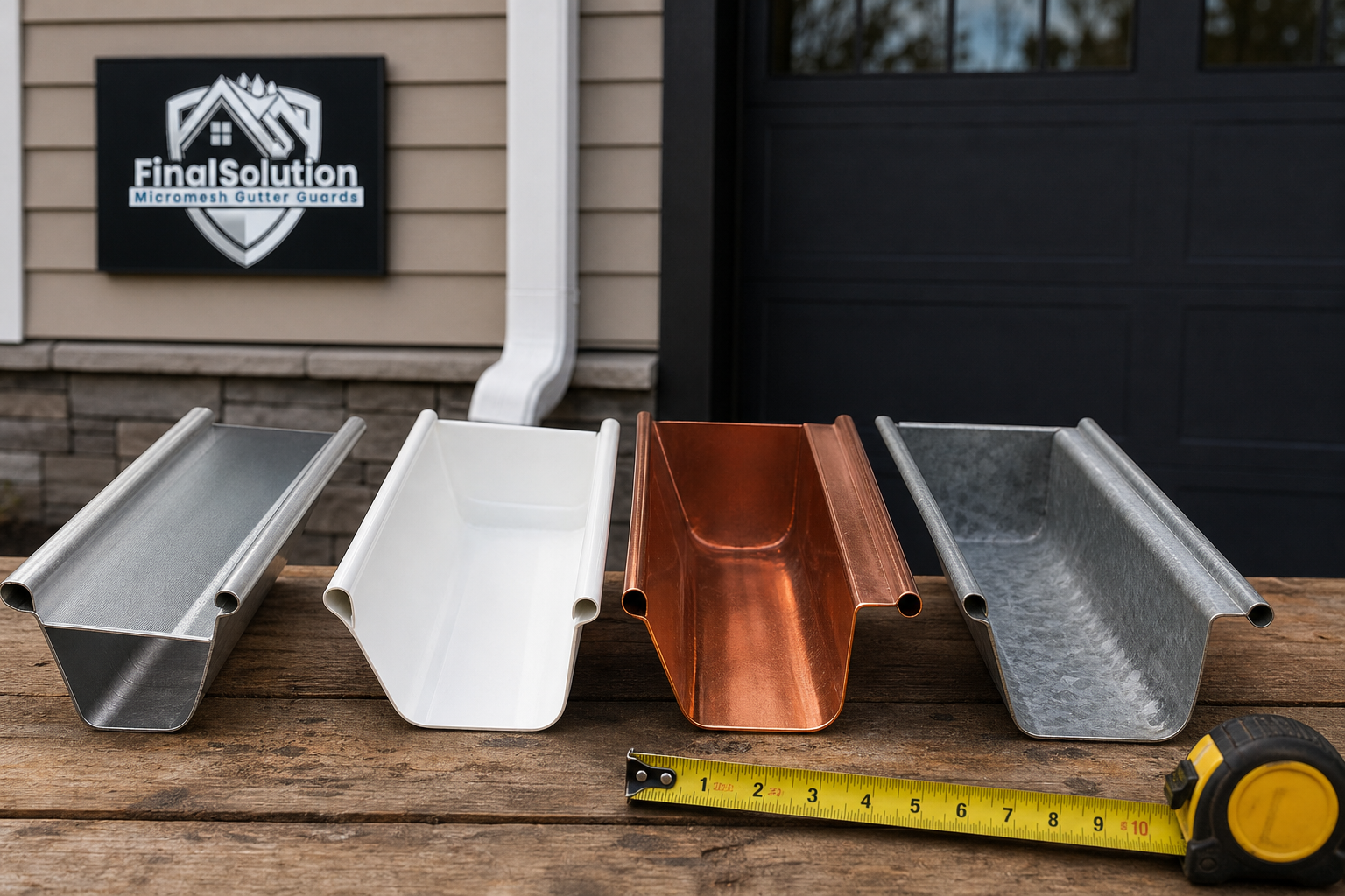 Gutter Material Options and True Cost Comparison — close-up of four gutter material samples side by side: aluminum, vinyl, copper, and galvanized steel sections on a workbench with a tape measure