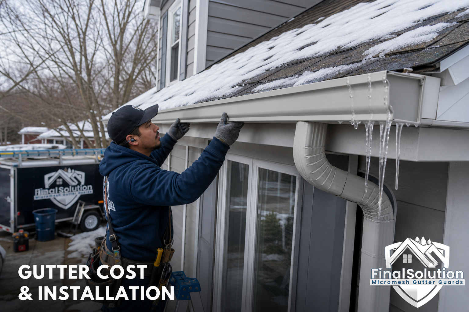 Frequently Asked Questions — residential home exterior in winter with aluminum seamless gutters handling snowmelt runoff, icicles forming at downspout, bare trees in background, Monroe County suburban setting