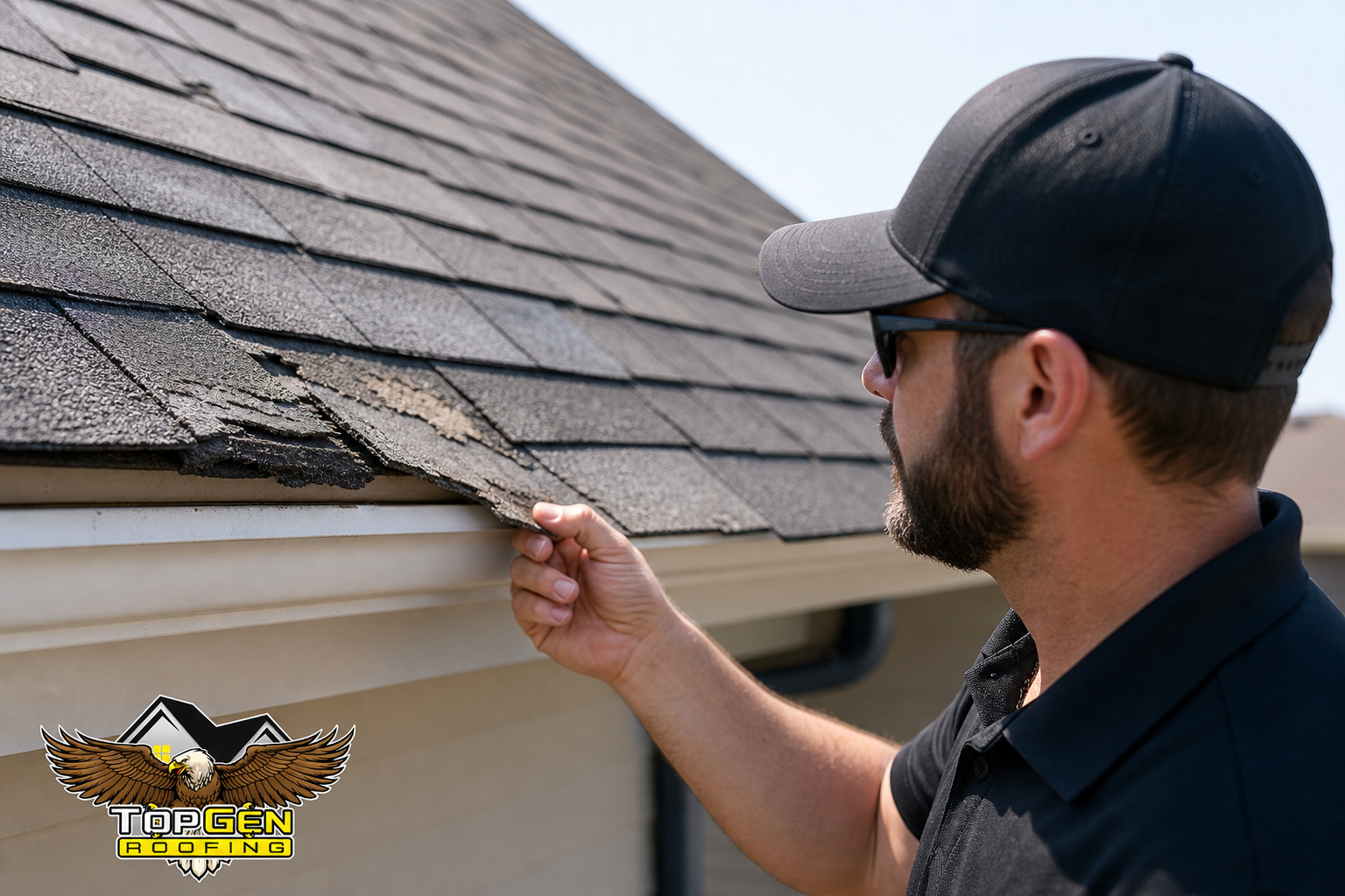 Roofing Services Top Gen Roofing Offers — close-up detail of a roofing professional examining deteriorated asphalt shingle edges and granule loss on a residential roof surface during a daylight inspection