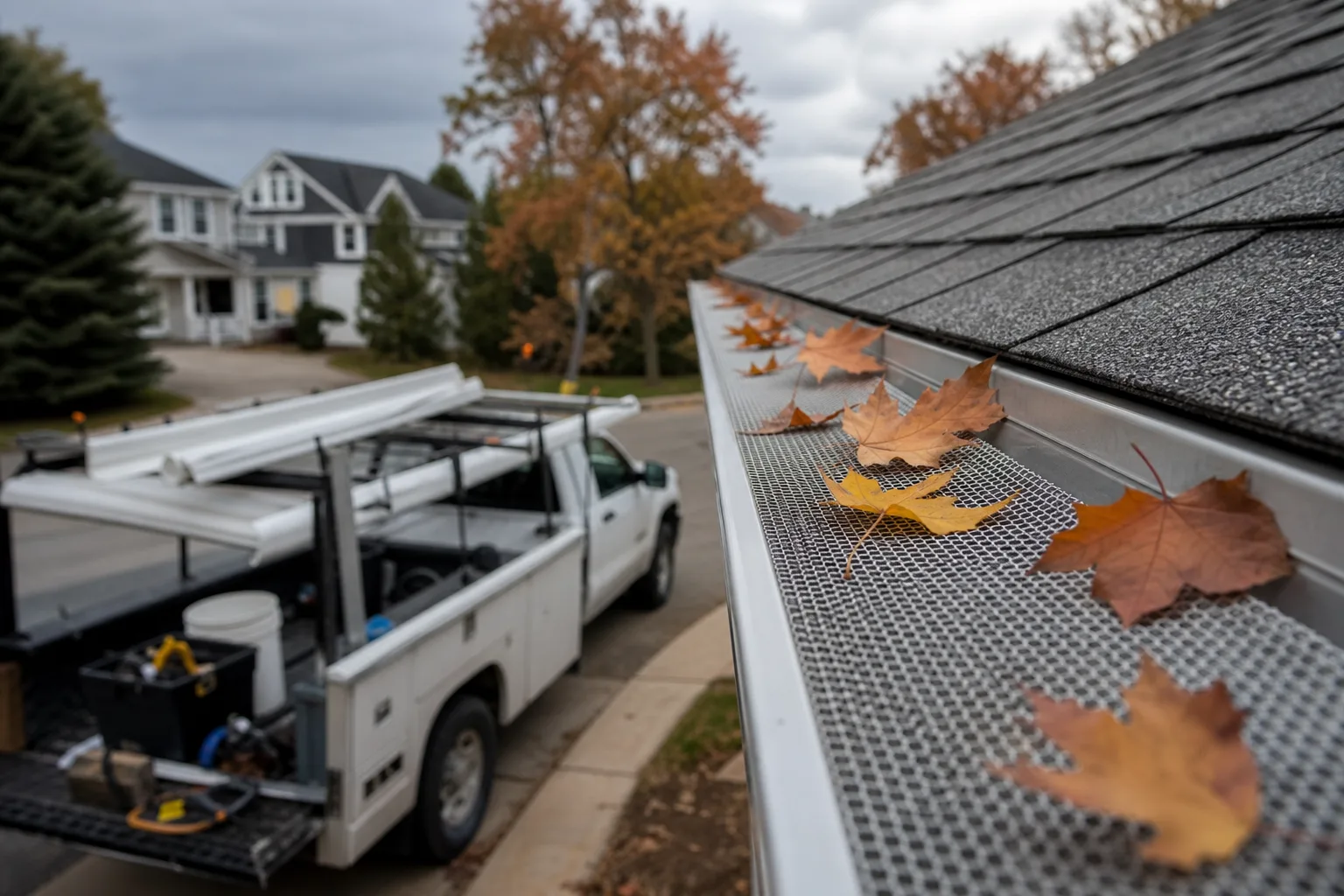 Gutter Guards vs. Manual Cleaning: The Real Cost Breakdown — close-up editorial photo of a micro mesh gutter guard panel installed on a residential aluminum gutter, showing stainless steel mesh surface with a few dry maple leaves resting on top, suburban setting, overcast autumn sky
