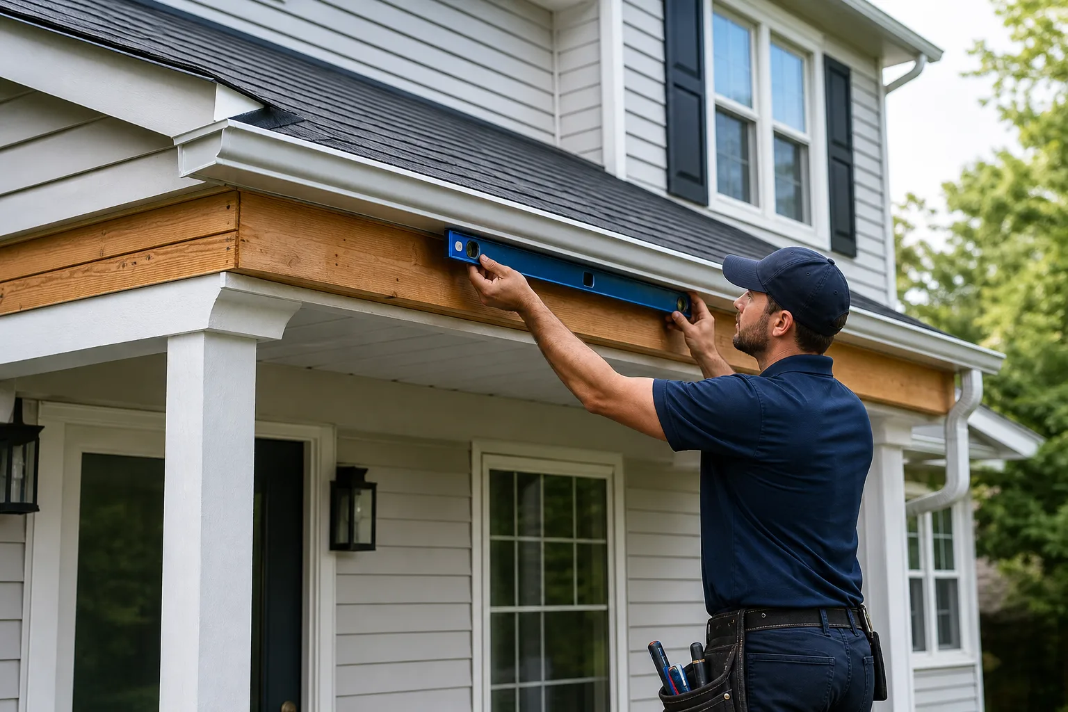 The Correct Gutter Slope: Measurements and Installation Standards — gutter contractor measuring aluminum gutter pitch angle with a level tool on a two-story residential home exterior, daylight, wood fascia board visible behind