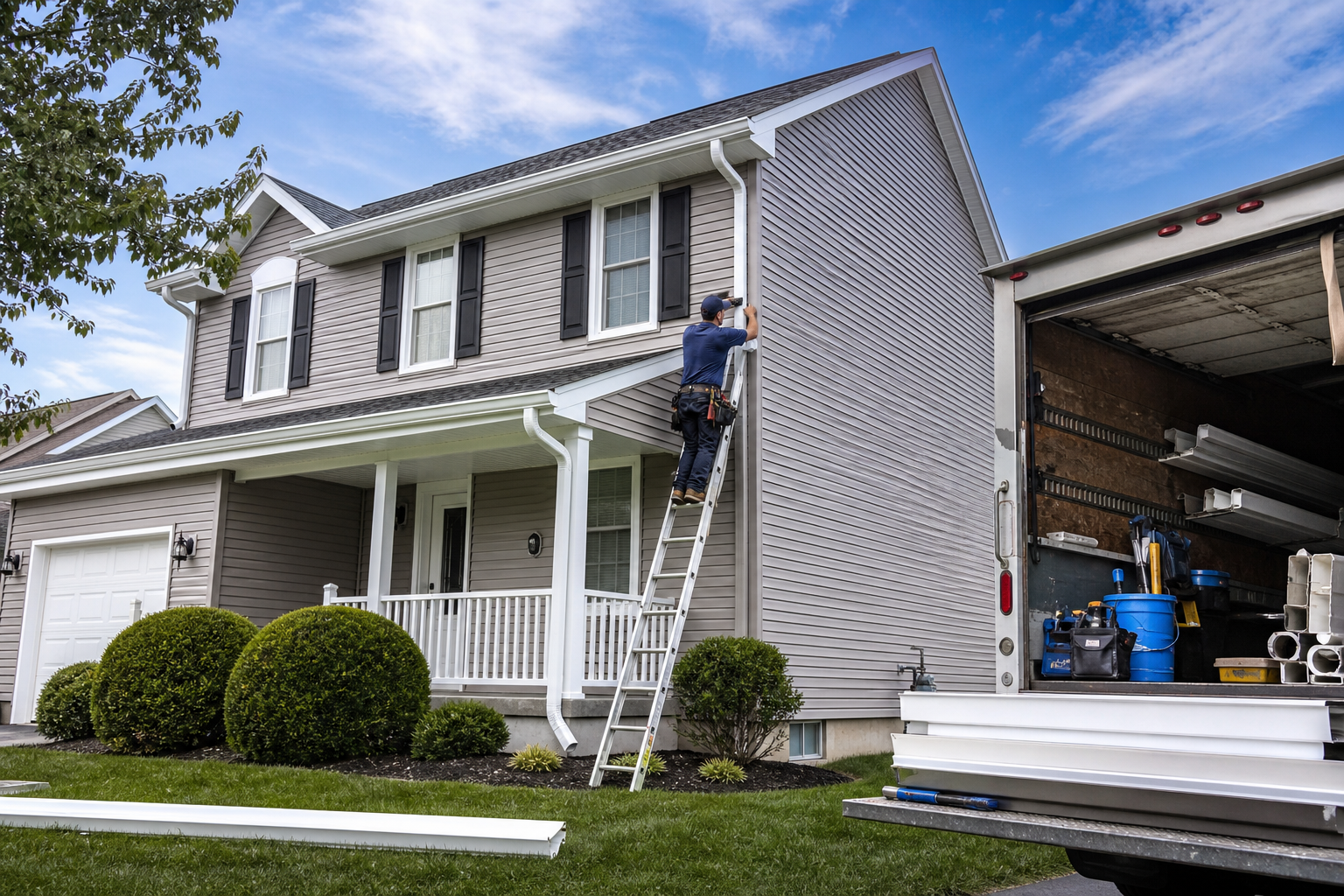 Conclusion and Next Steps — wide-angle exterior view of a clean two-story Albany NY home with freshly installed white seamless gutters along roofline, well-maintained landscaping, blue sky, downspout directed away from foundation