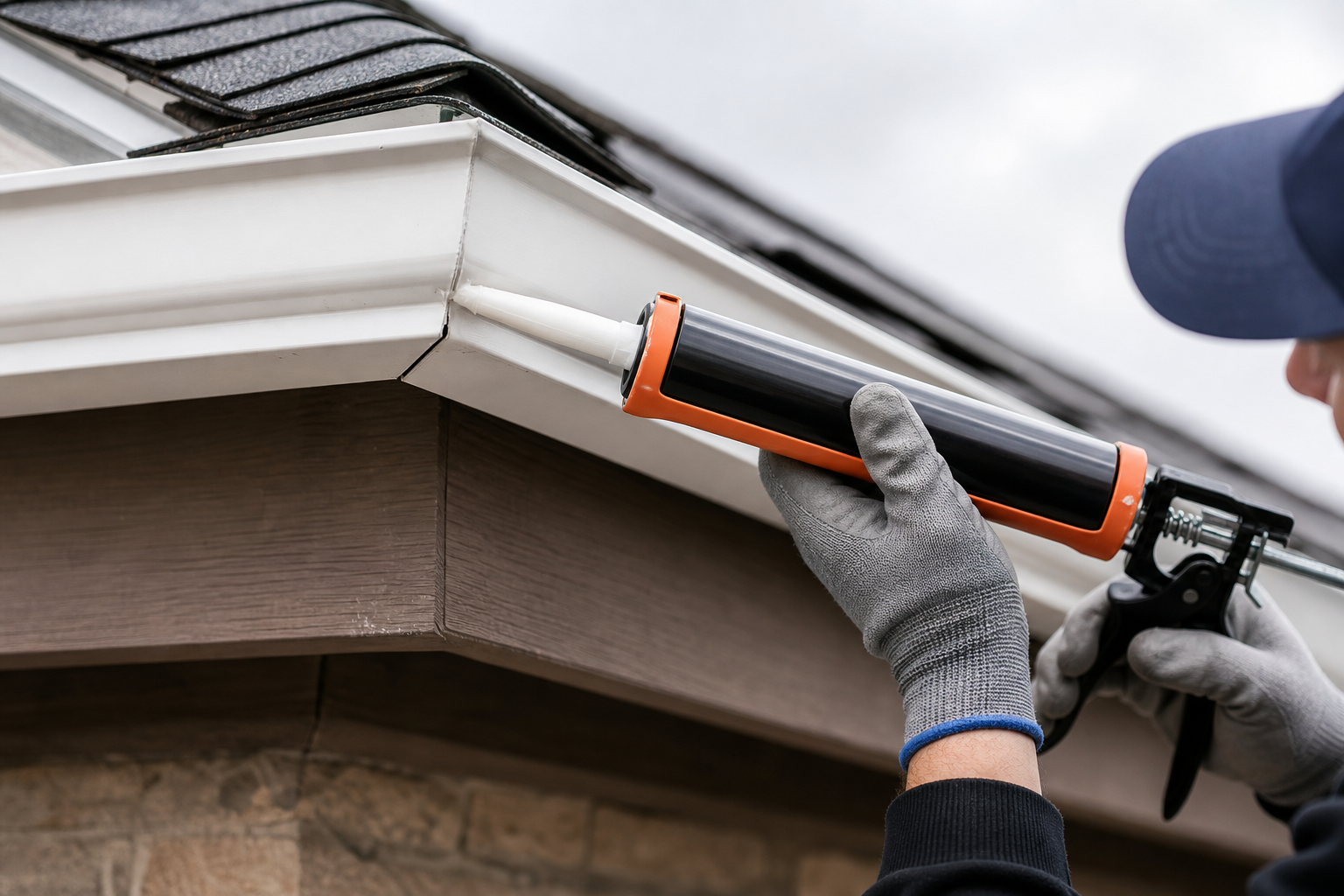 Common Seamless Gutters Reduce Leaks Mistakes to Avoid — close-up of aluminum gutter corner miter joint being sealed with a caulk gun, installer's gloved hand pressing sealant into joint, overcast daylight, brown fascia board visible