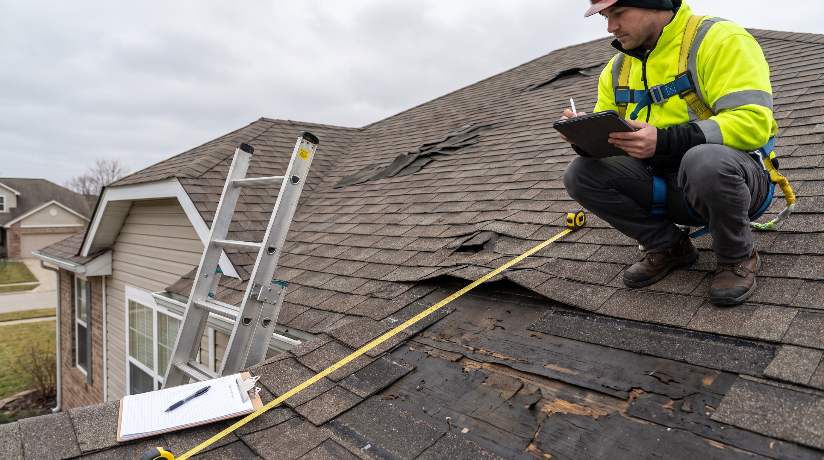 Timeline, Cost, and When to Call a Pro — residential roof with missing shingles and visible storm damage after a hailstorm, close view of damaged shingle field with exposed underlayment, overcast sky (AI-generated)