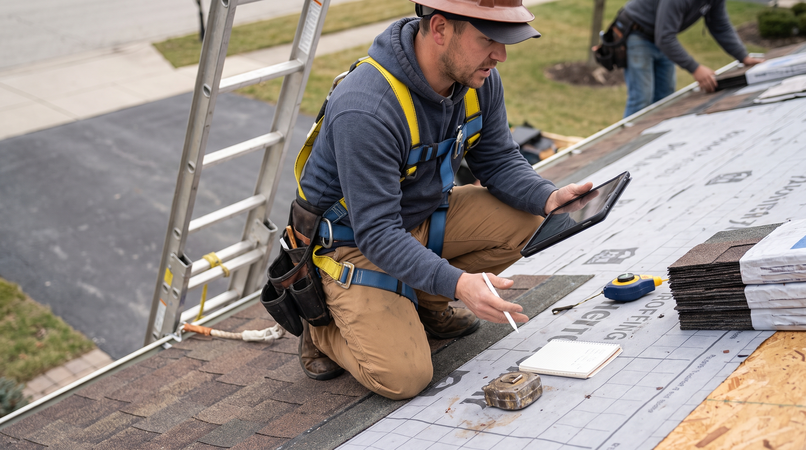 Ask references read verified — Common Mistakes to Avoid. Candid editorial photo, candid on-site documentary framing at an on-site roofing environment with trade-specific tools, materials, and surroundings, bright overcast daylight, a contractor with feet on roof decking, pavement, or ladder rungs. (AI-generated)